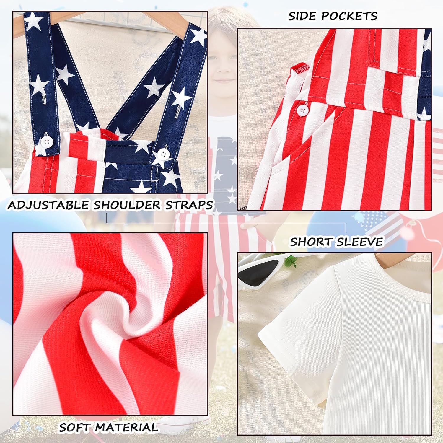 HINTINA Toddler Boy 2-Piece 4th of July Outfit Stars Stripe Bib Overall Shorts Solid T-shirt Set