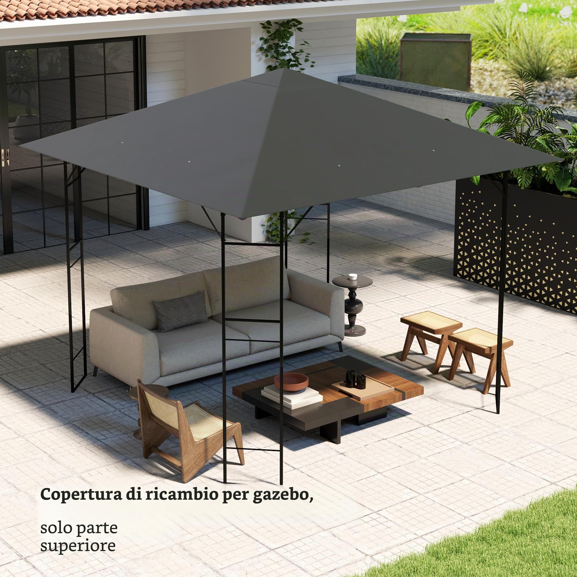 Outsunny Tettoia di ricambio per gazebo 3 x 3 m idrorepellente Tettoia per gazebo UPF30+ Rivestimento di ricambio per gazebo da giardino Ricambi in tessuto Oxford, 370 g/m², grigio | TETTO GAZEBO RICAMBIO PER GAZEBO GIARDINO RICAMBI IN TESSUTO OXFORD 370g