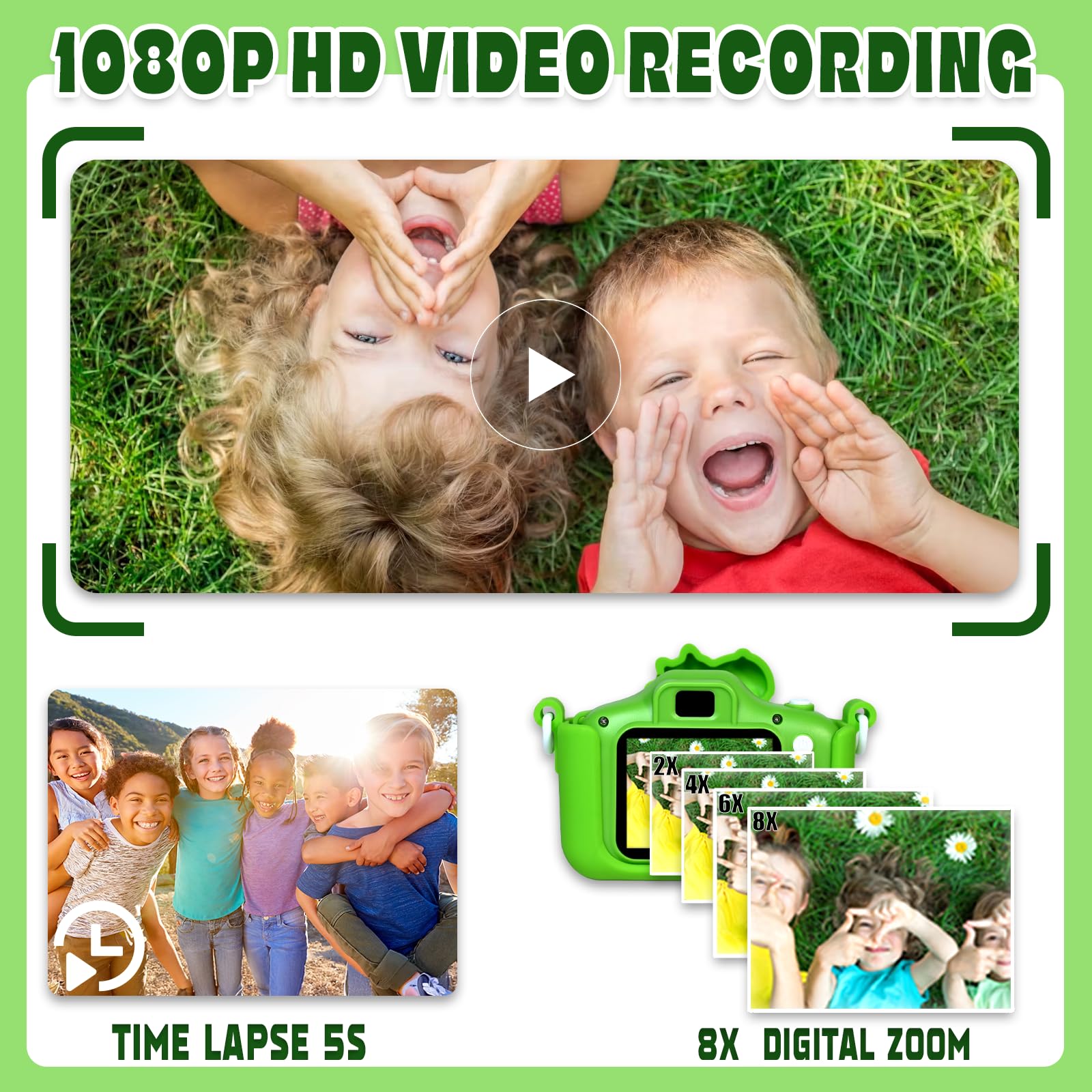 Macchina Fotografica Bambini, 2.0 Pollici Schermo Fotocamera Bambini 1080P HD Fotocamera con 32 GB, Regalo Giocattolo di Natale & Compleanno per Ragazze Ragazzi da 3-12 Anni (Verde)