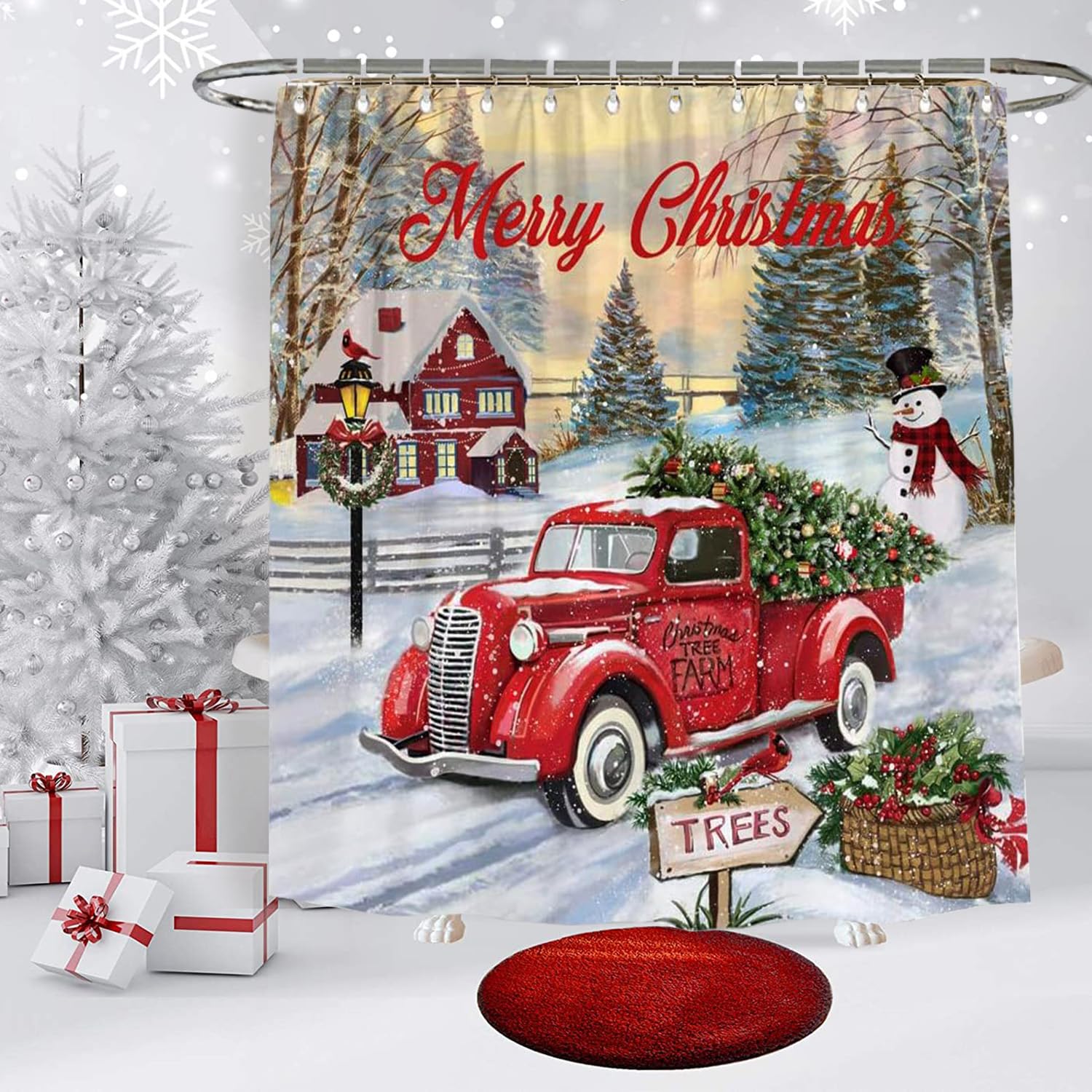 Manicer Christmas Red Vintage Truck Shower Curtain, Xmas Trees Snowman Winter Forest Rustic Retro Farmhouse Merry Christmas Bath Decor for Bathroom Waterproof Washable Fabric with Hooks - 72" x 72"