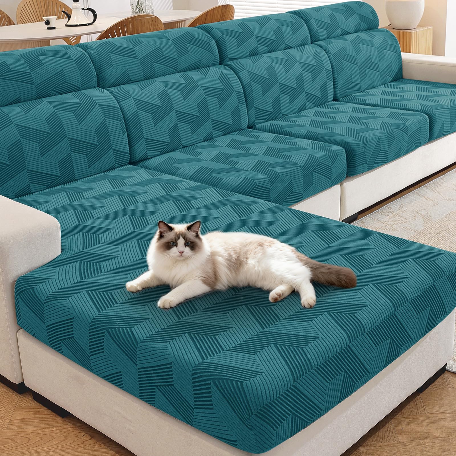 XINEAGE Sofa Seat Cushion Cover, Geometrical Jacquard Couch Cushion Slipcovers Stretch, Replacement for Individual Cushion with Elastic Bottom & Non-Slip Strap (1 Seater*3, Peacock Blue)