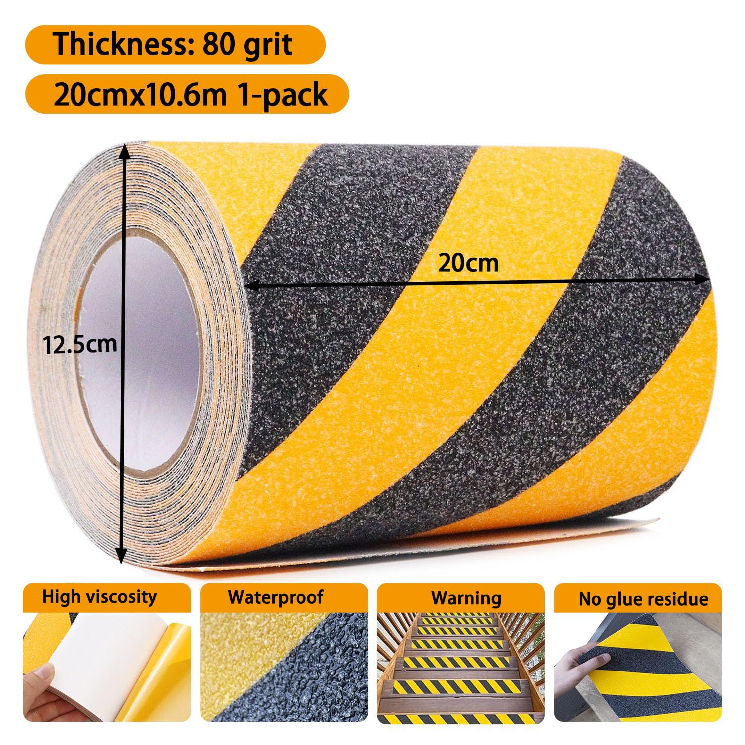 CHUANGSEED Heavy Duty yellow and black Anti Slip Tape 8" x 35Ft (20cm x 10.6m) High Traction strong grip Tape For Outdoor/Indoor Safety Non Skid Roll Traction Tread Warning Tape - Image 2
