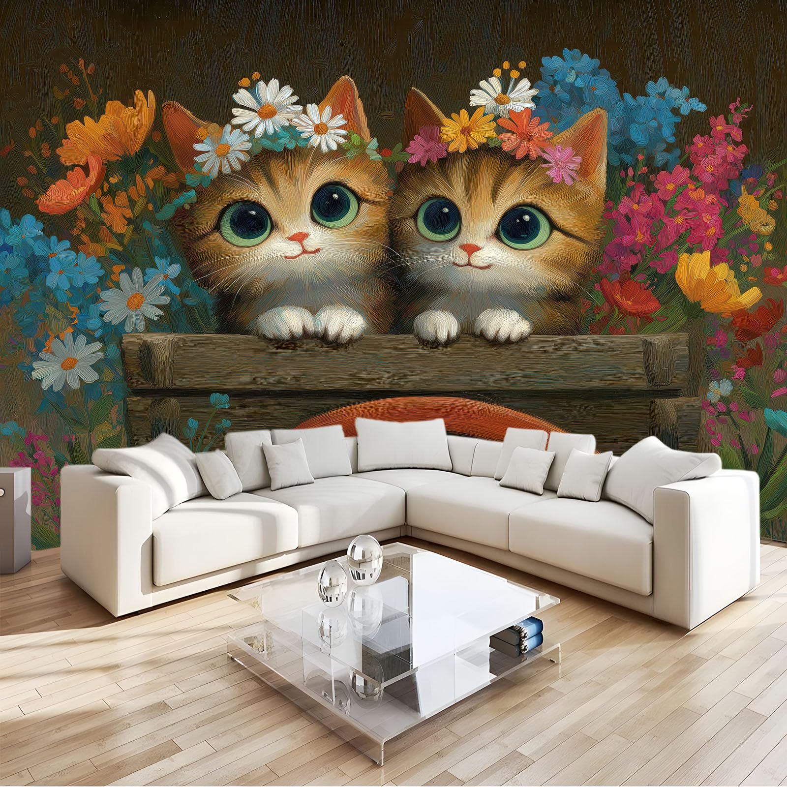 Générique Panoramiczna tapeta z kreskówkowym kotem ogrodzenie ogrodowe 3D 300 x 210 cm, włóknina XXL nowoczesna dekoracja ścienna salon sypialnia biuro pokój dziecięcy, brązowy