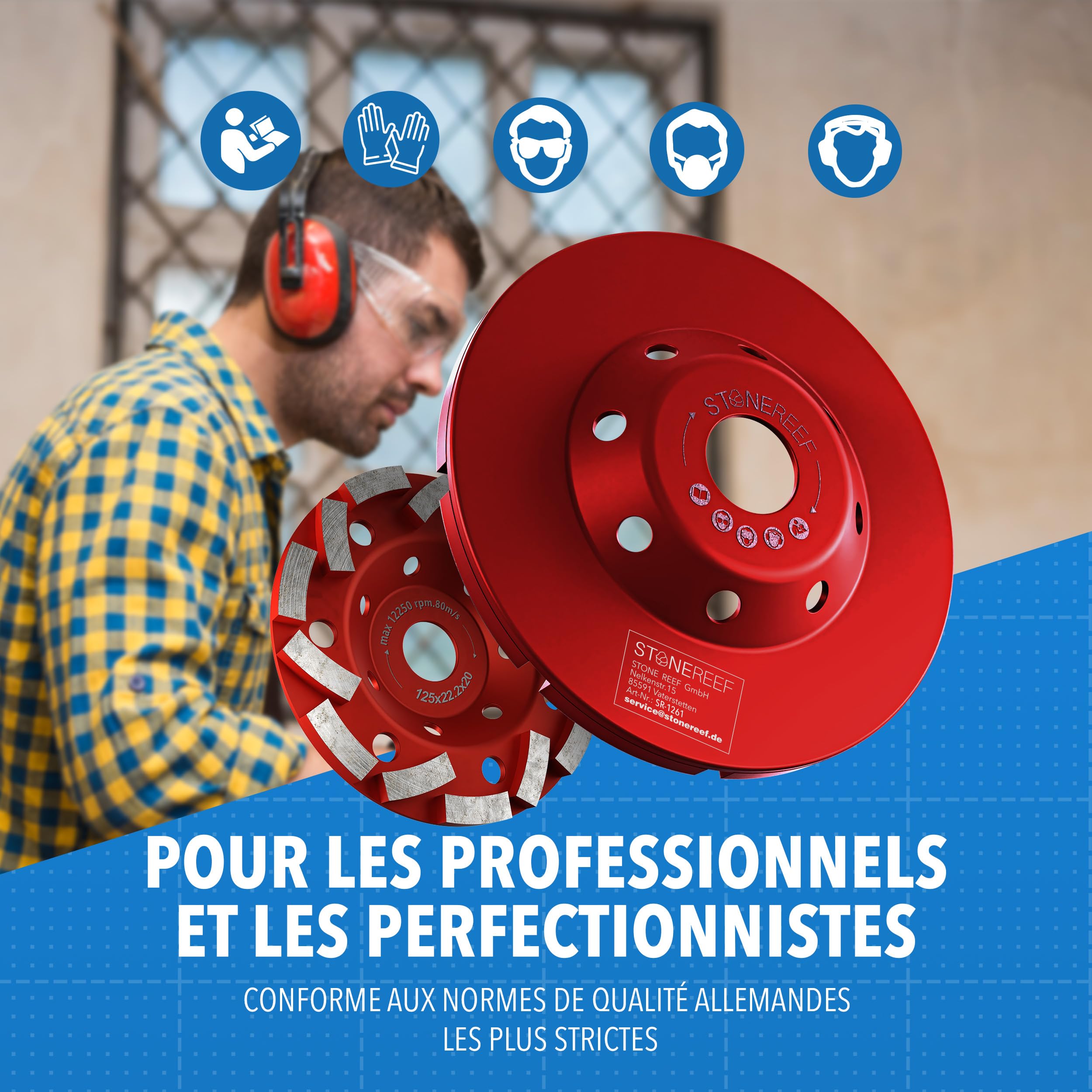 Ponceuse fraise à ponçage, plateau de 125 mm, ponceuse à chape, disques abrasifs pour béton, meule diamantée pour aspiration, fraiseuse de rénovation [125 x 22,2 x 20]