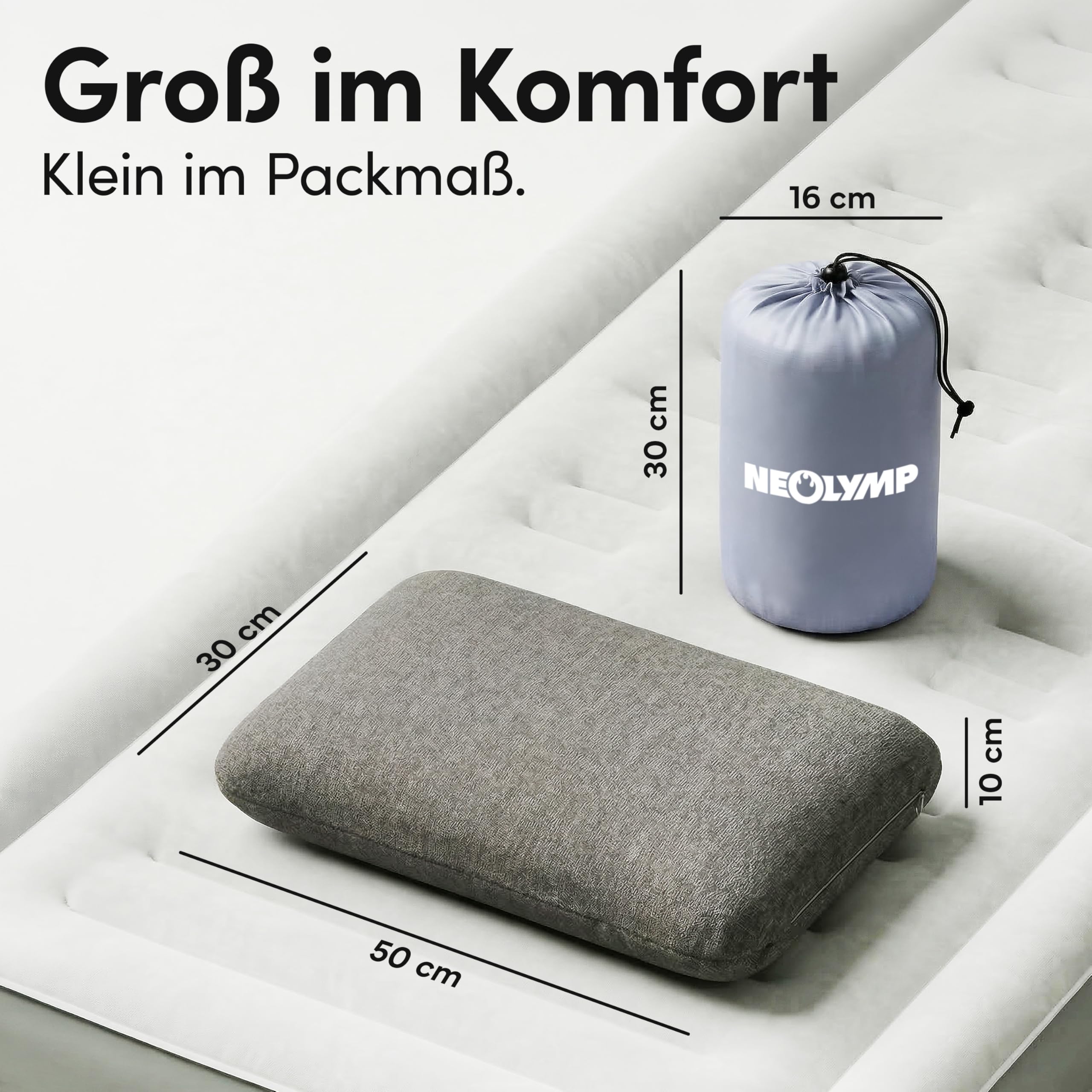 NEOLYMP Reisekissen Memory Foam 50x30x10 cm - kompaktes ergonomisches Kissen atmungsaktiv & waschbar mit Tragetasche - Camping Kissen & Flugzeug Kissen fürs Reiseformat (Reisekissen)