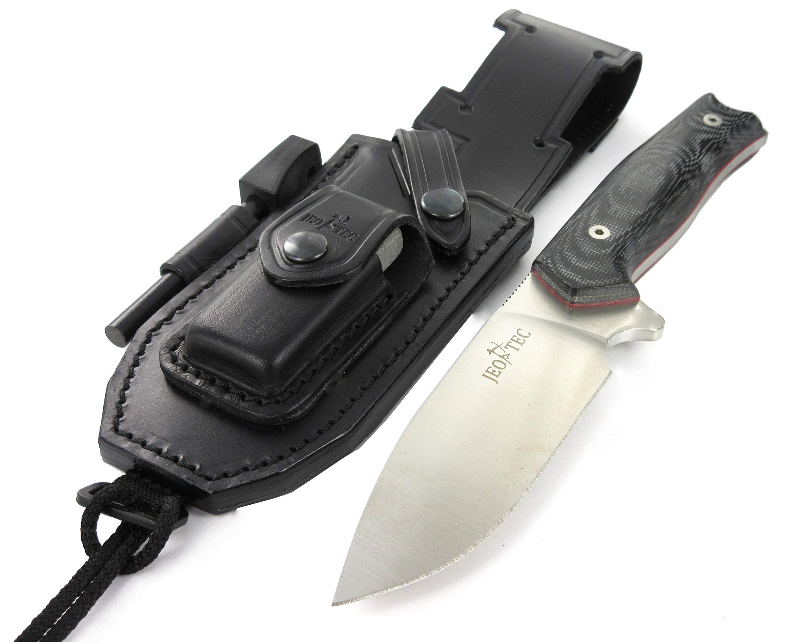 JEO-TEC Nº21 Nóż Bushcraft, nóż do paska na zewnątrz, nóż myśliwski, nóż survivalowy wielofunkcyjny , stałe ostrze, BÖHLER N690C, z naturalna skorzana osłona + krzesiwo + ostrzalka do noży , recznie robiony w Hiszpanii