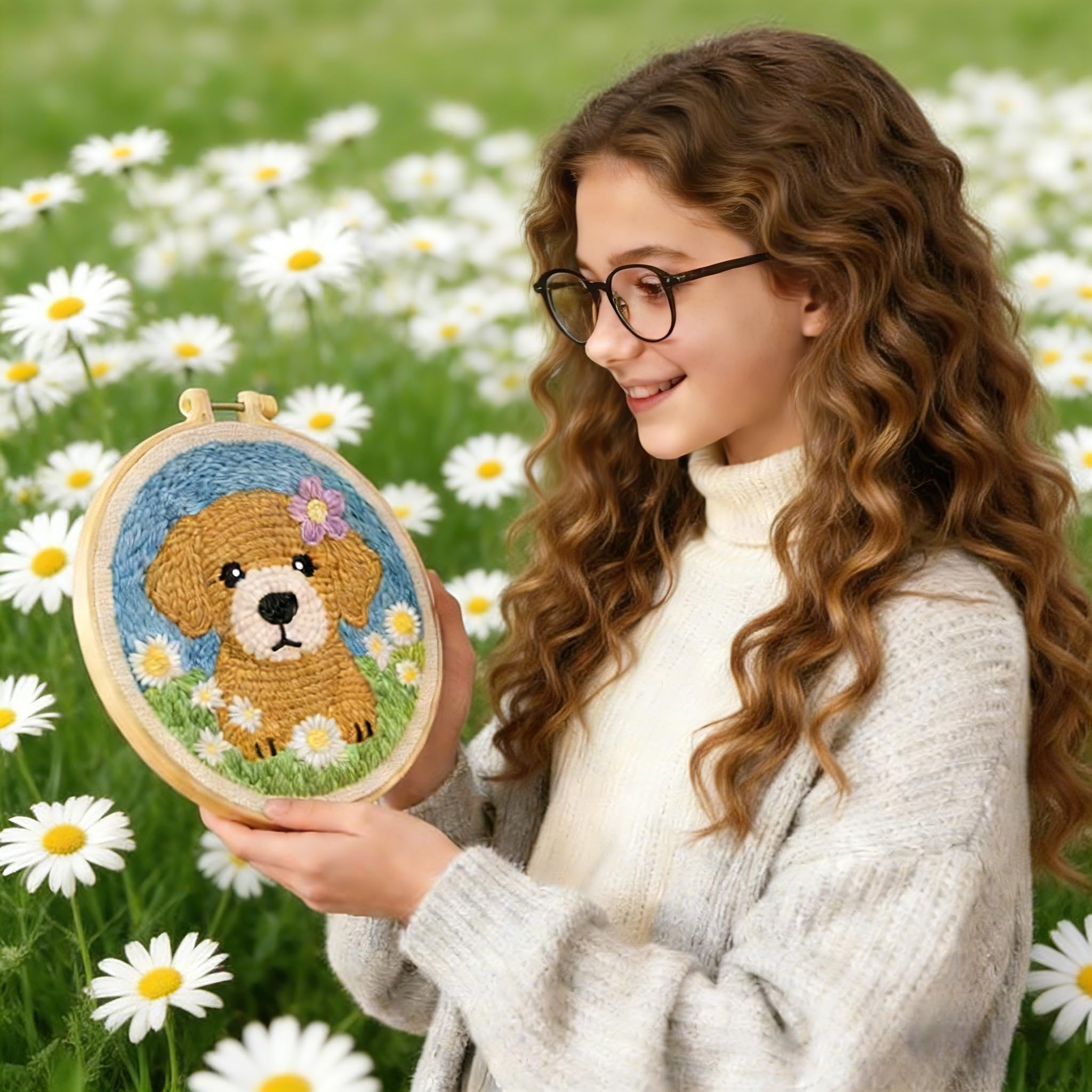 Kit di aghi da punzonatura per principianti: adorabile cucciolo di Golden Retriever fai da te, kit tutto in uno con cerchio, tessuto e filato, regalo facile e decorazione per la casa per adulti e