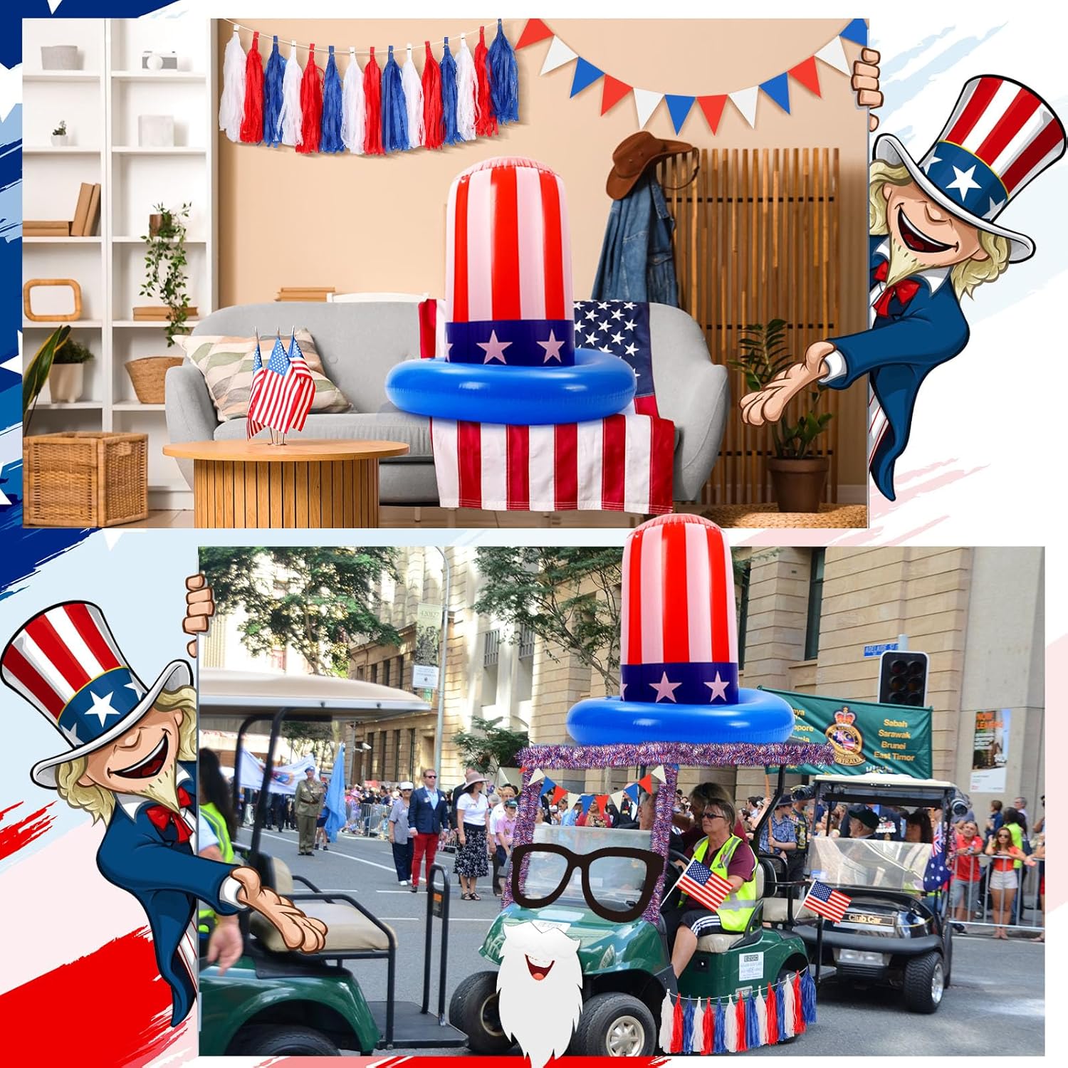 4th of July Golf Cart Decoration Kit Patriotic Parade Golf Cart Decor Including Hat Glasses Beard Flags Garlands Pennant Banner for LOVE USA Independence Day Memorial Day 250th anniversary