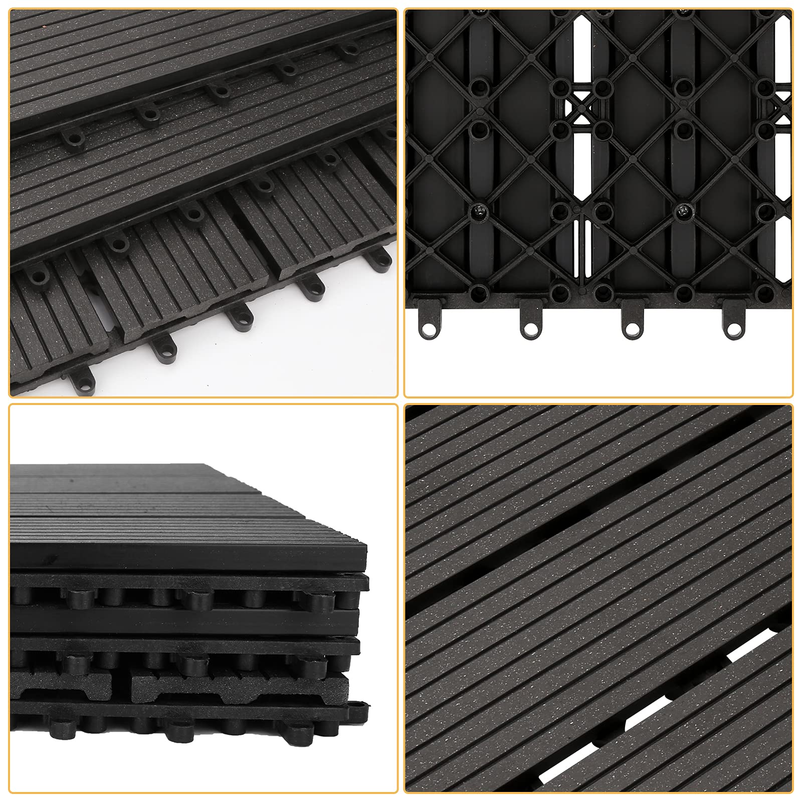 EINFEBEN Piastrelle in WPC, 30 x 30 cm, set da 11 per 1 m², effetto legno, per giardino, balcone, pavimento con drenaggio e sistema a click, piastrelle in legno color antracite