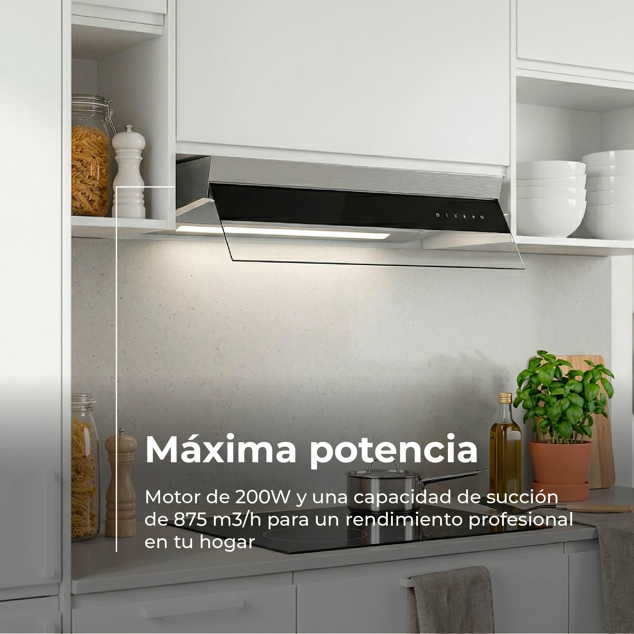 EVVO CEi56 Inox - Campana Extractora 60 cm Integrable, Clase A+++ Máxima Eficiencia, Succión 875 m3/h, Motor 200W - Extractor de Cocina Táctil con Filtro Carbón Activo y Aluminio, Temporizador, Inox