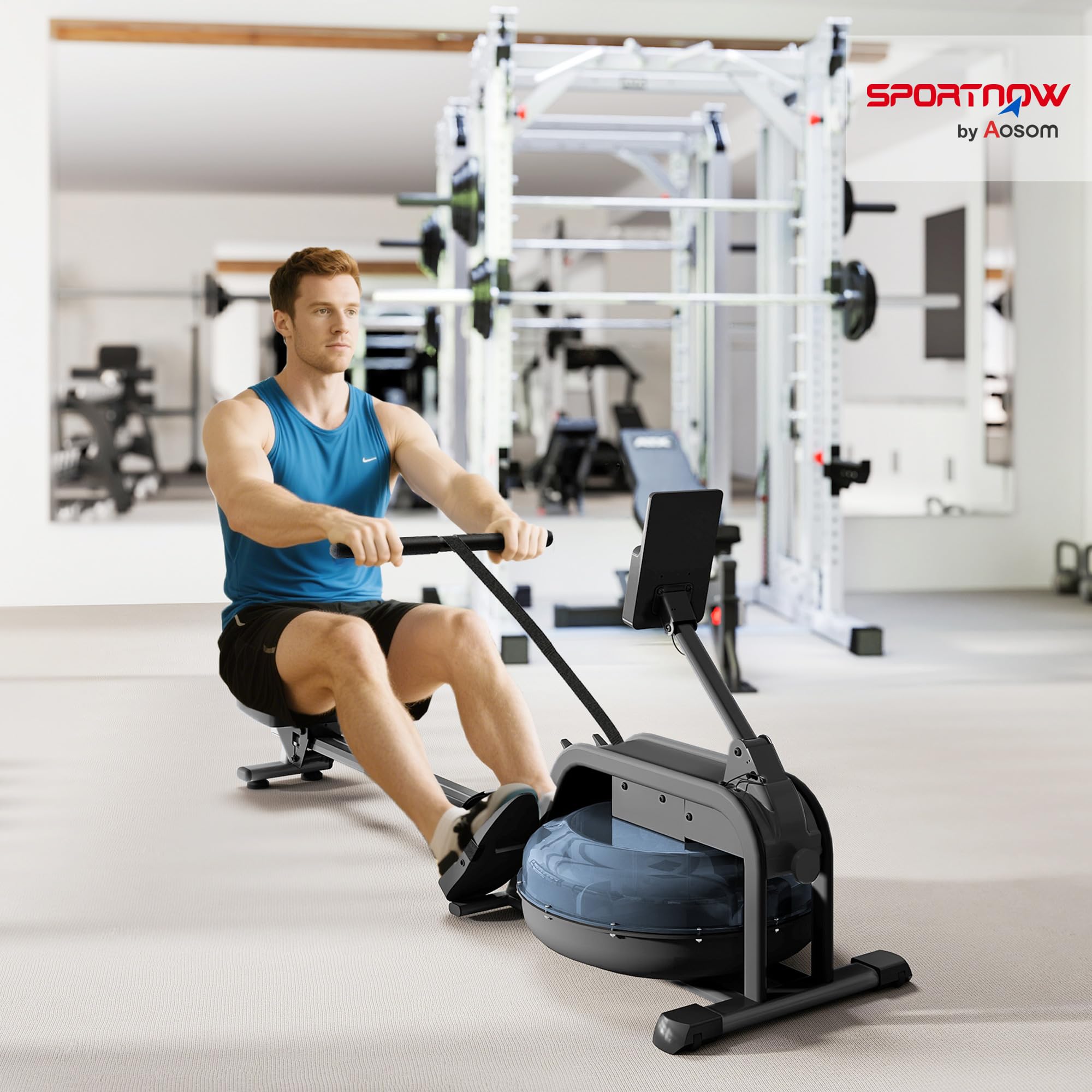 SPORTNOW Rameur à Eau pour Musculation d'appartement, 6 Niveaux de résistance, écran LCD avec Support Tablette, Rangement Vertical à roulettes, Charge Max 135 kg, Acier