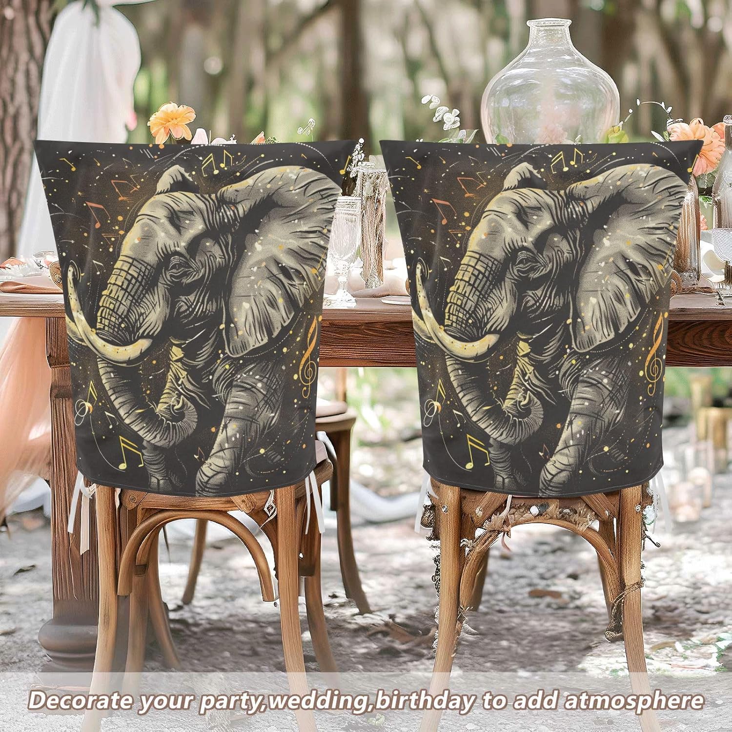 ALAZA Elephant Music Notes Chair Back Cover Set of 6, Washable Reusable Removable Chair Slipcovers Decorative Chair Cover for Home Kitchen Wedding Party