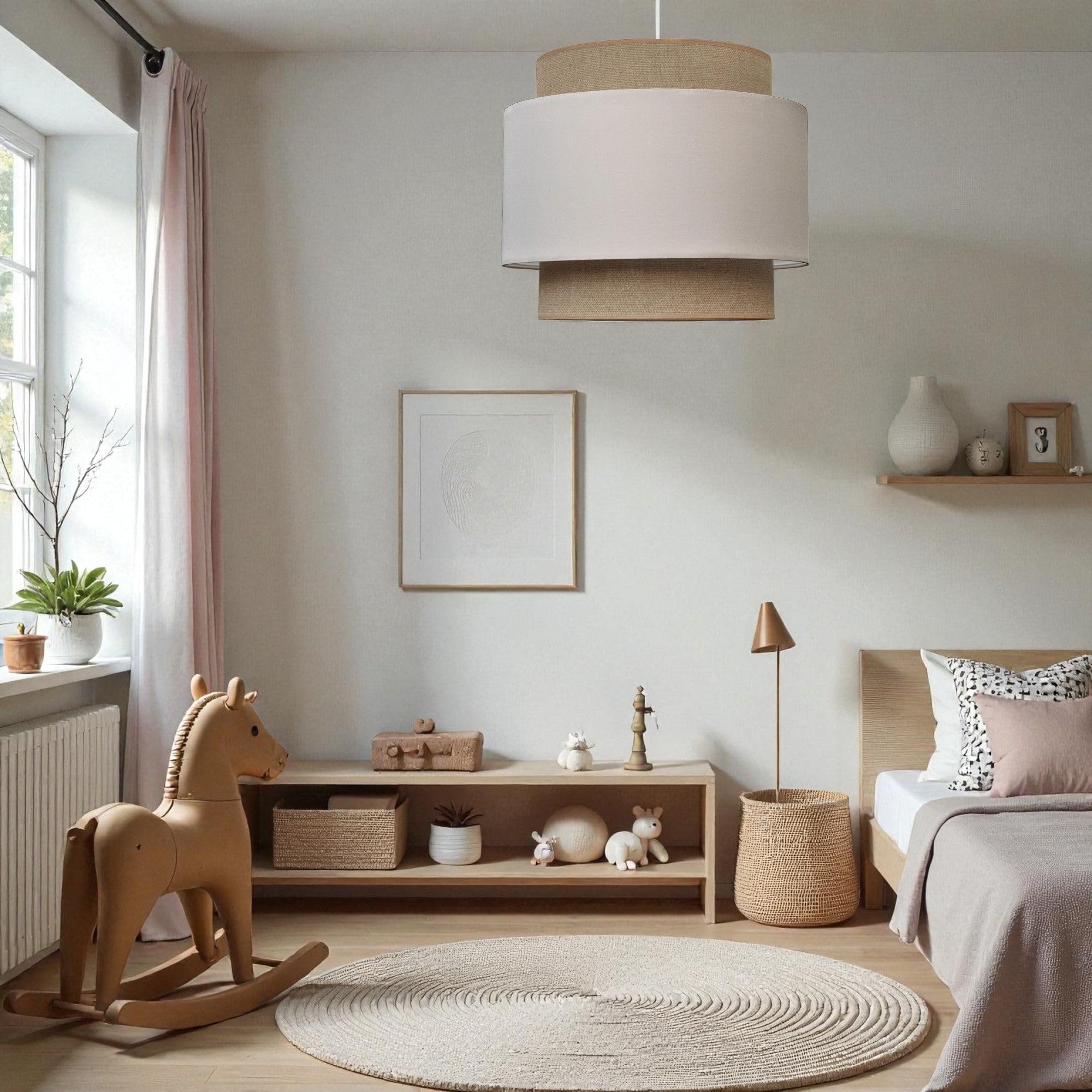 BALI Lámpara estilo BOHO 2xE27, pantalla de tela, Ø38 cm (yute natural y algodón) lámpara de techo para habitación infantil, salón, dormitorio y cocina, fabricada en la UE