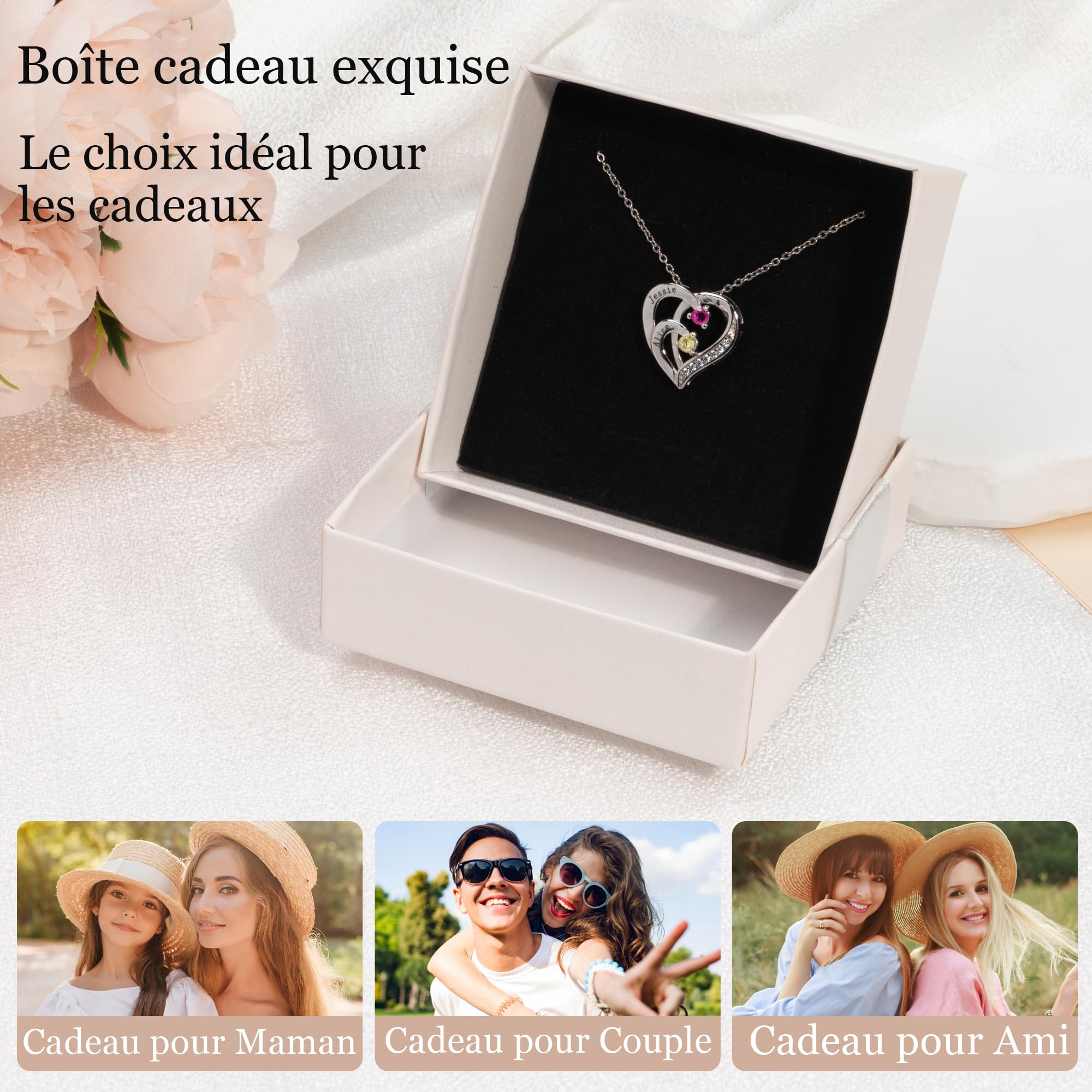 Easycosy Collier Personnalisé Prénom avec Pierres de Naissance Collier gravé 1-4 Nom Collier Pendentif Cœur Bijoux Personnalisé Cadeau Femme Fille Maman Mamie Copine pour Anniversaire Noël St-Valentin