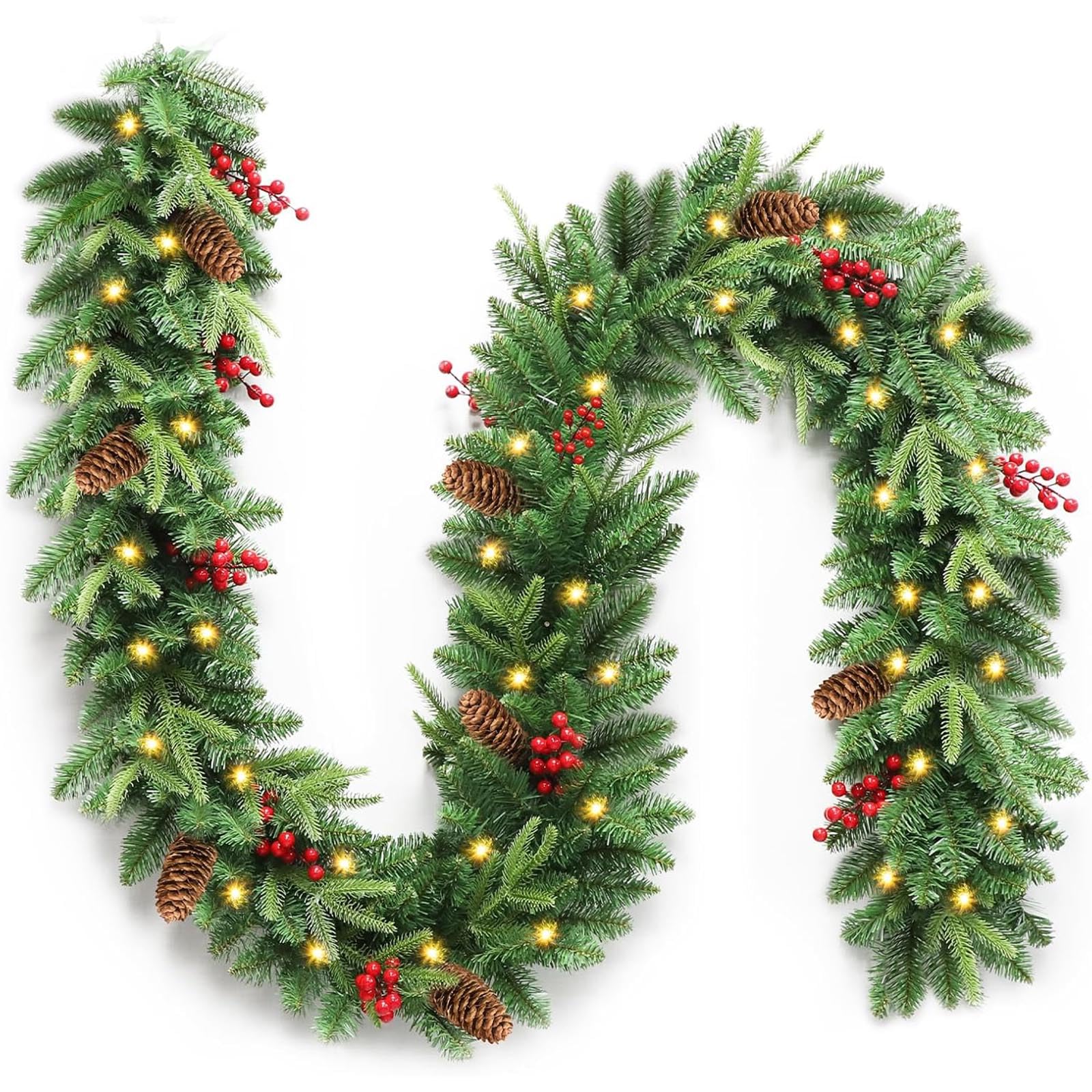 Guirnalda de Navidad Artificial preiluminada de Nieve de 9 pies, con luz LED Blanca cálida, Decorada con piñas y Bayas Naturales, se Puede Colgar en una Puerta,001