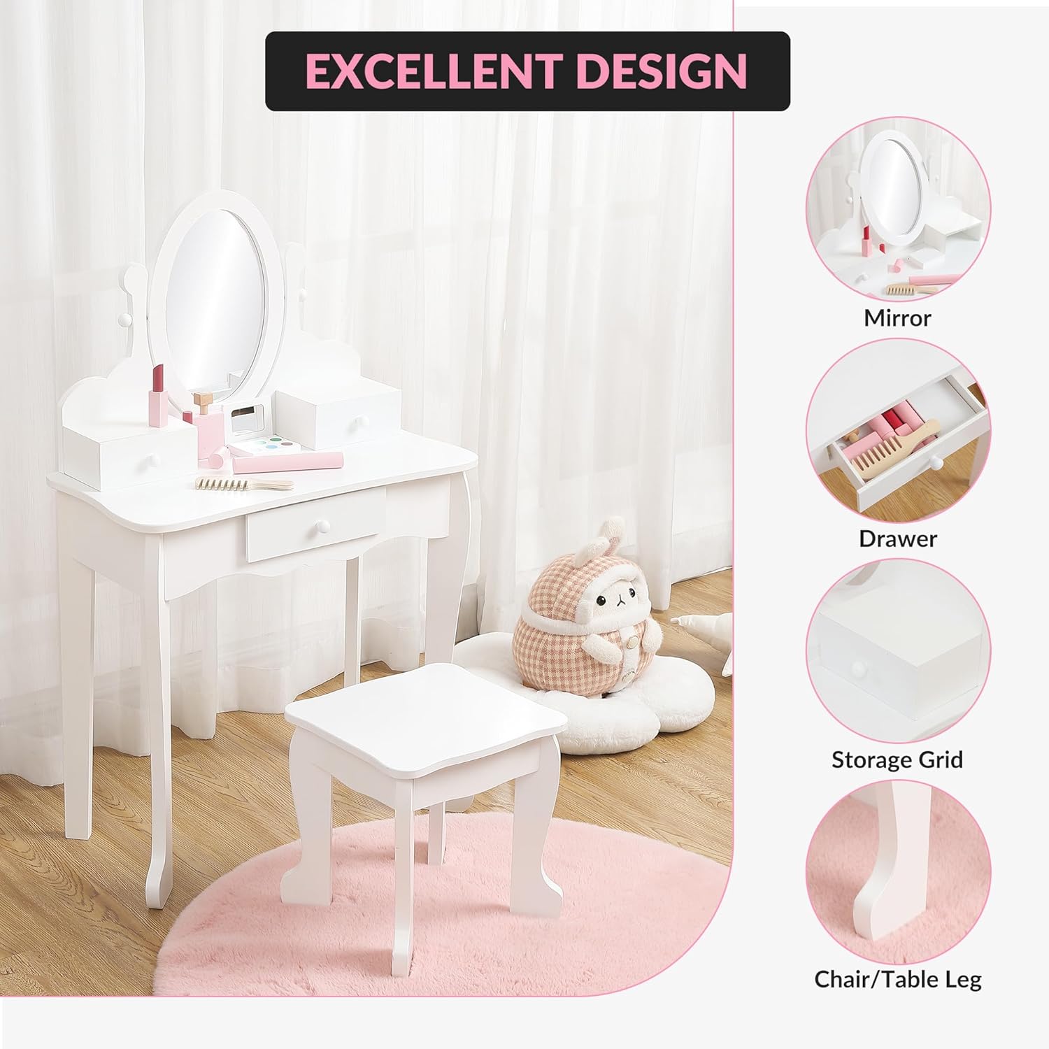 Diwincik view of Garvee Kids Vanity Set design elements including mirror, drawer, and storage grid