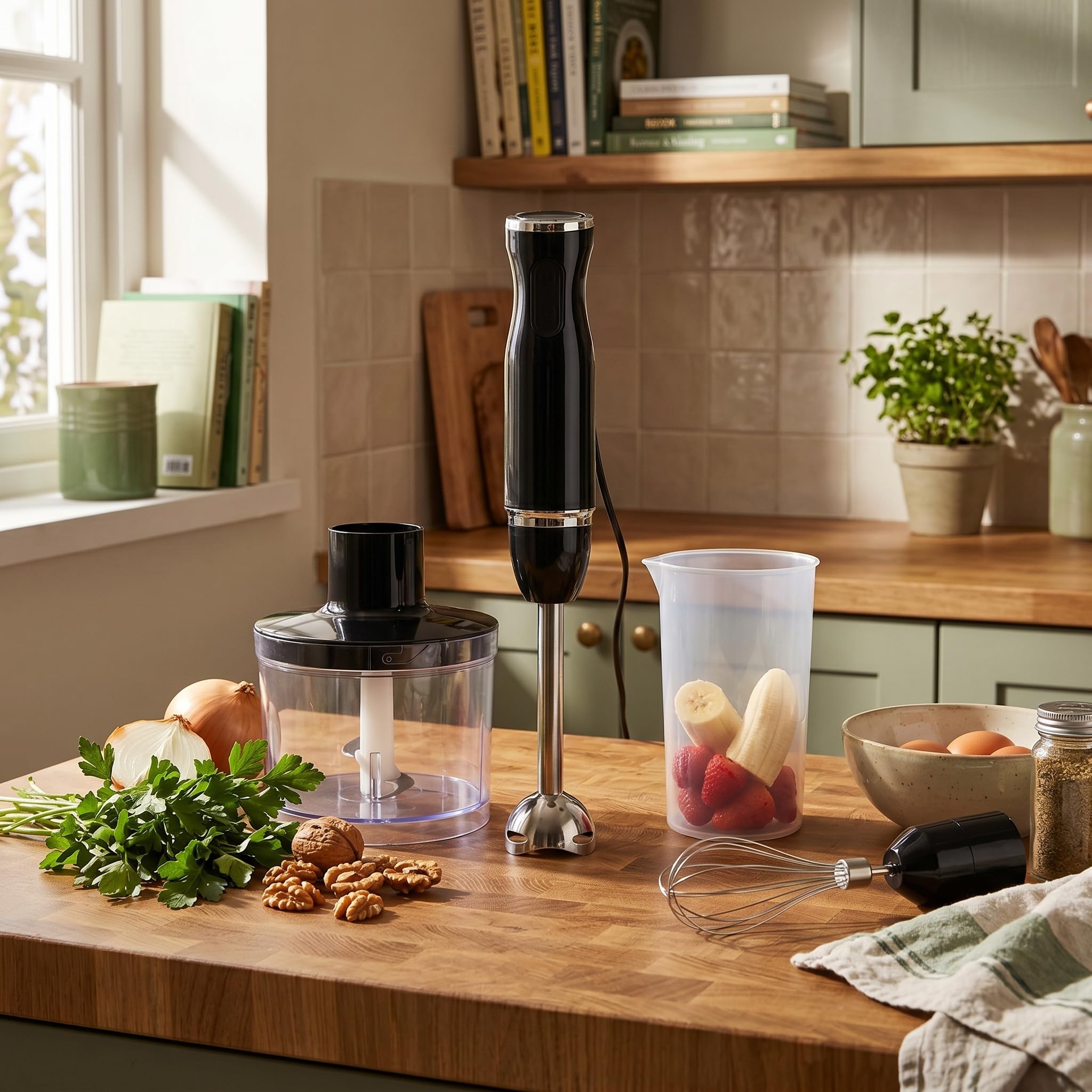 Tnfeeon Blender Zanurzeniowy, Sprzęt Kuchenny 4 w 1 ze Stali Nierdzewnej, Mocny, Ręczny, Przenośny Mikser w Sztyfcie, do Zup Smoothie, Puree, Spieniacz do Mleka, Trzepaczka, Zlewka, (wtyczka UE)