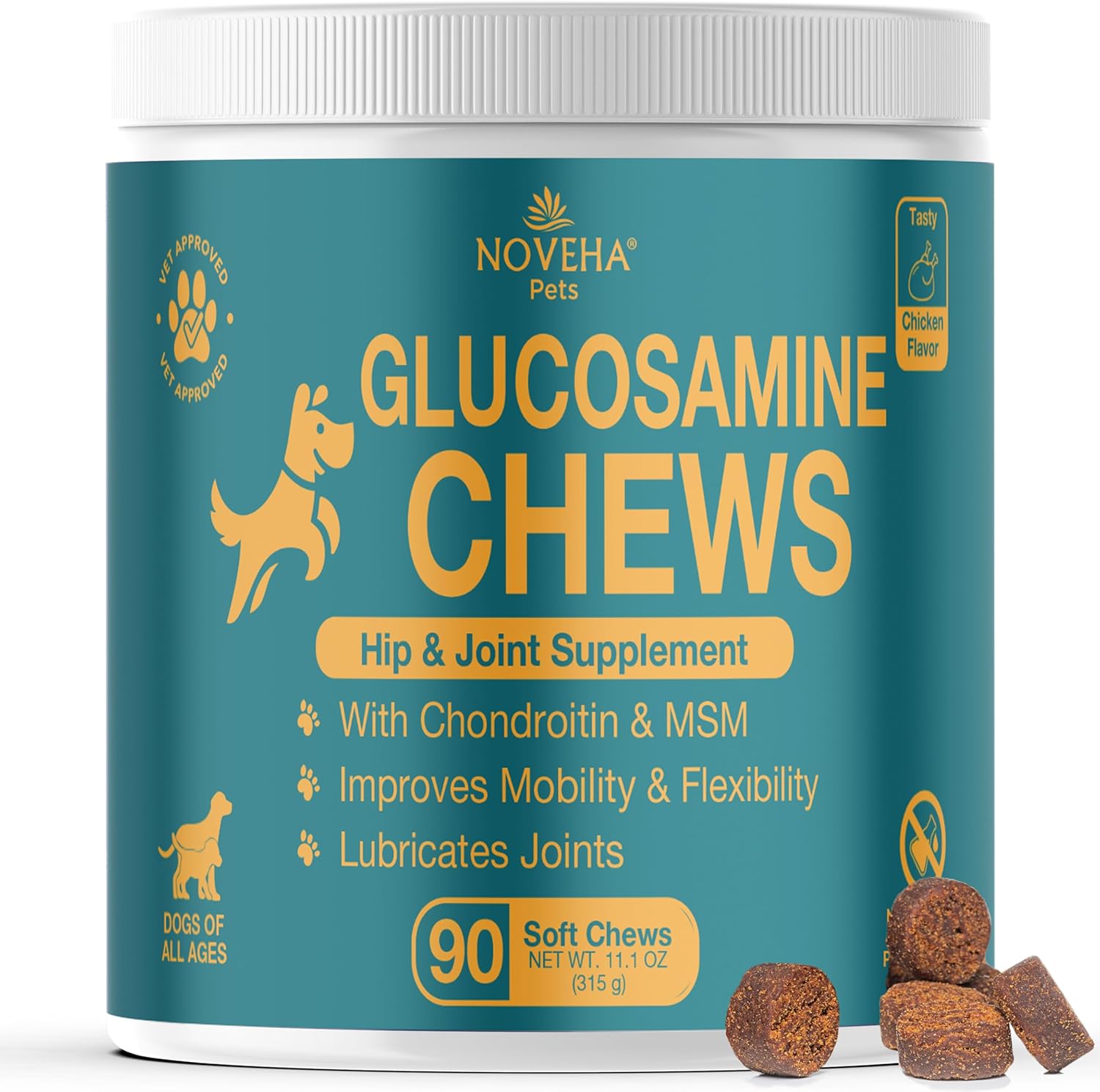 NOVEHA Dog Glucosamine Chews | Hip and Joint MSM Formula for Dogs Joint Care | Senior Pet Joint Health Supplement | Premium Glucosamine and Chondroitin for All Breeds | 90 Soft Chews; Chicken Flavor