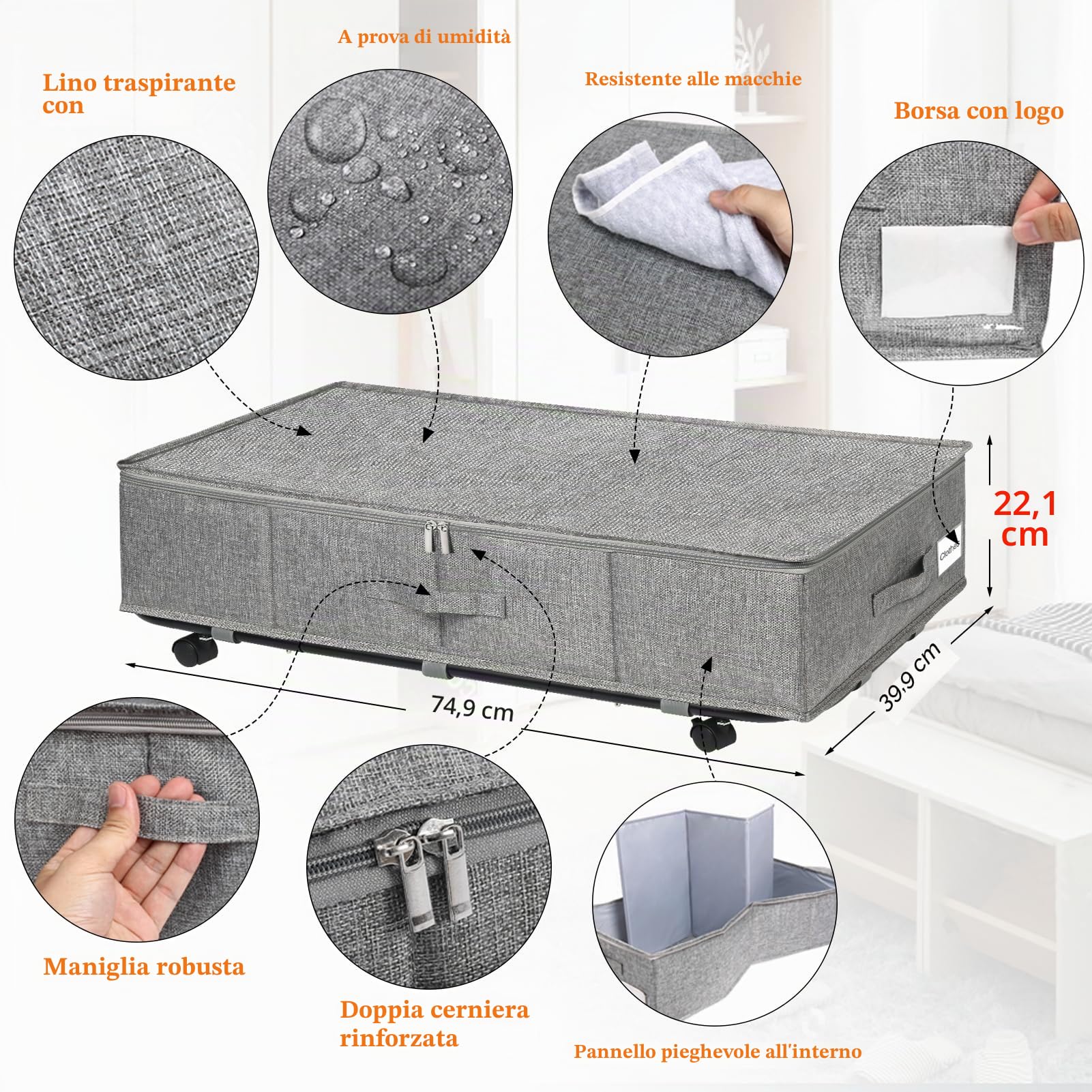 JUPELI Contenitori sotto il letto su ruote, organizer sotto il letto pieghevole extra large da 50L, confezione da 2 contenitori sotto il letto su ruote, scatole sotto il letto con coperchio rotanti