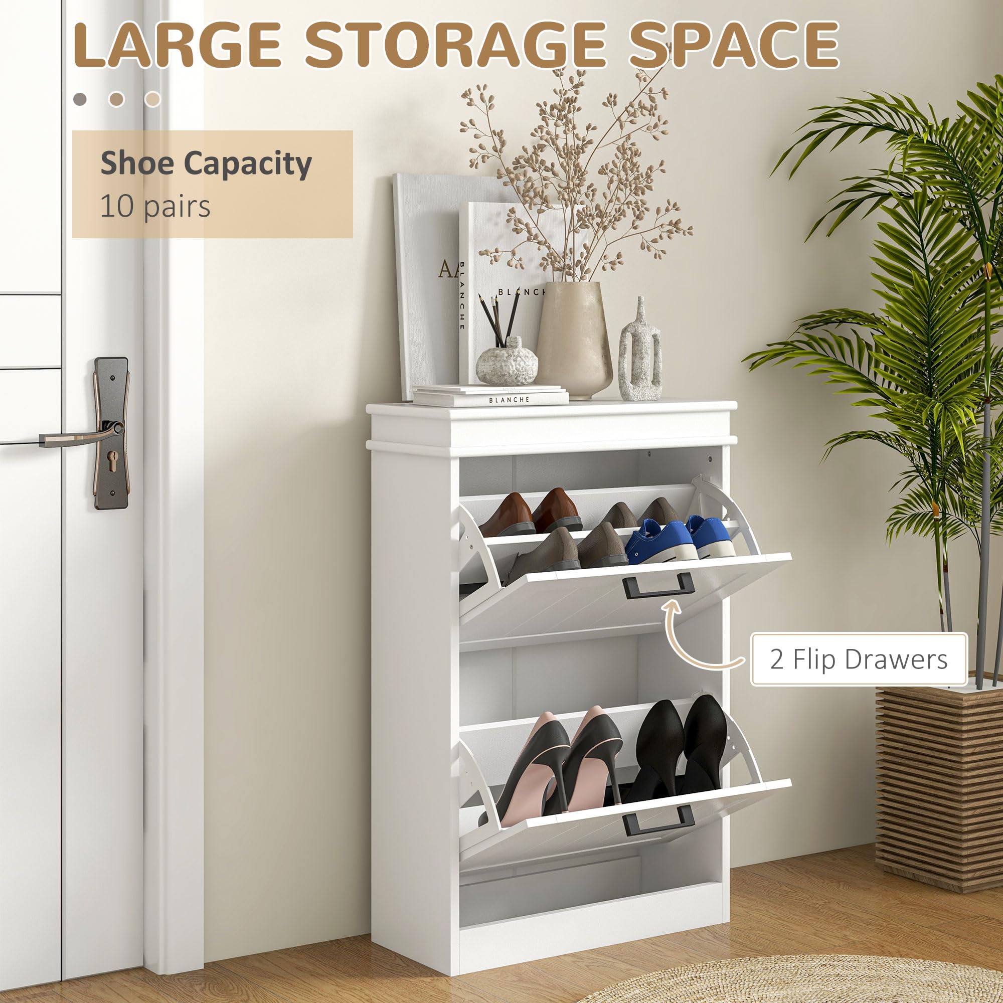 HOMCOM Zapatero Estrecho de 24 cm con 2 Puertas Abatibles Recibidor Blanco | Mueble Zapatero Entrada, Estantes Ajustables, para 6-10 Pares de Zapatos, para Pasillo, Espacios Reducidos