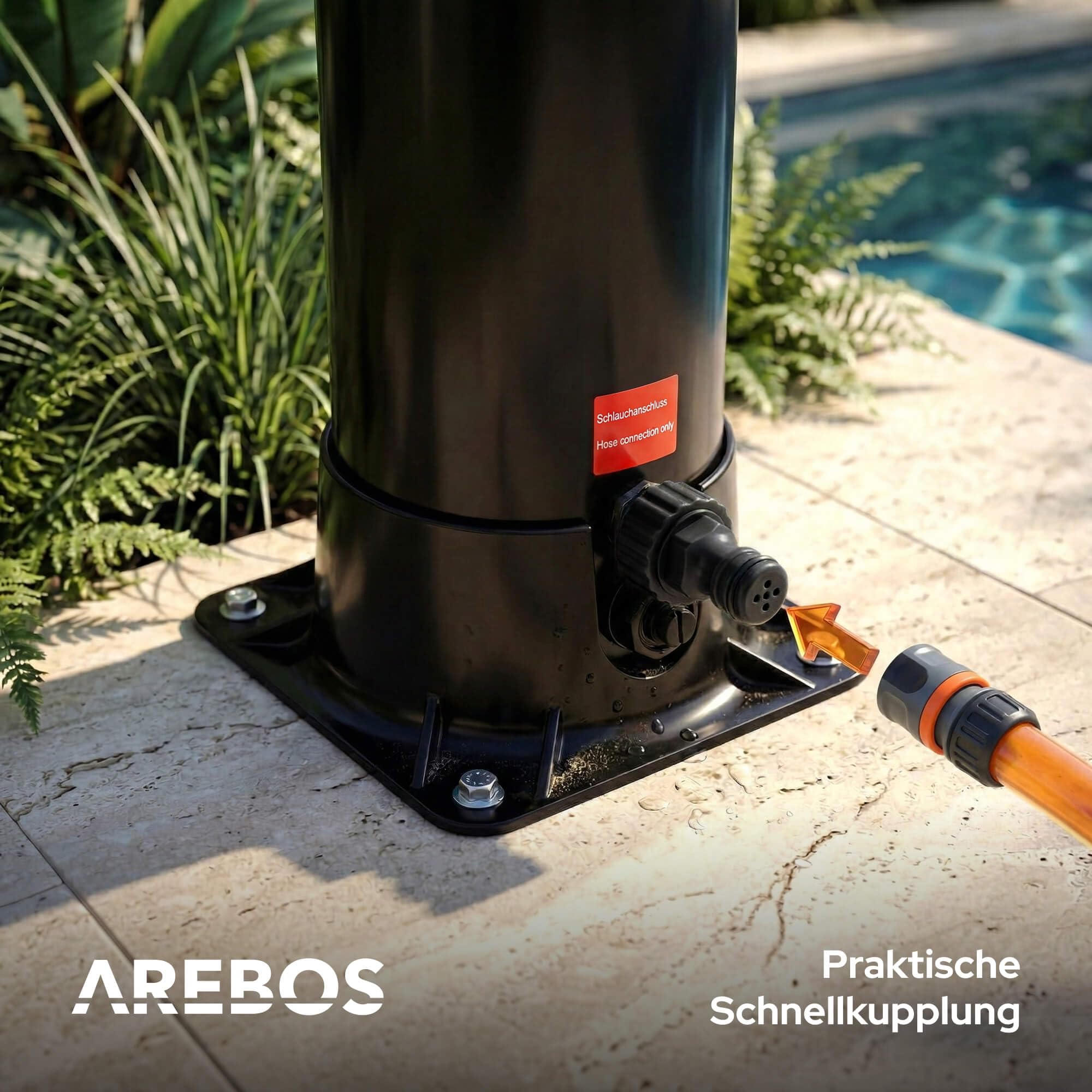 Arebos Solardusche 40 L Schwarz | Pooldusche & Gartendusche mit Thermometer | Regendusche mit Handbrause, Fußdusche & 360° Duschkopf | inkl. Abdeckhaube