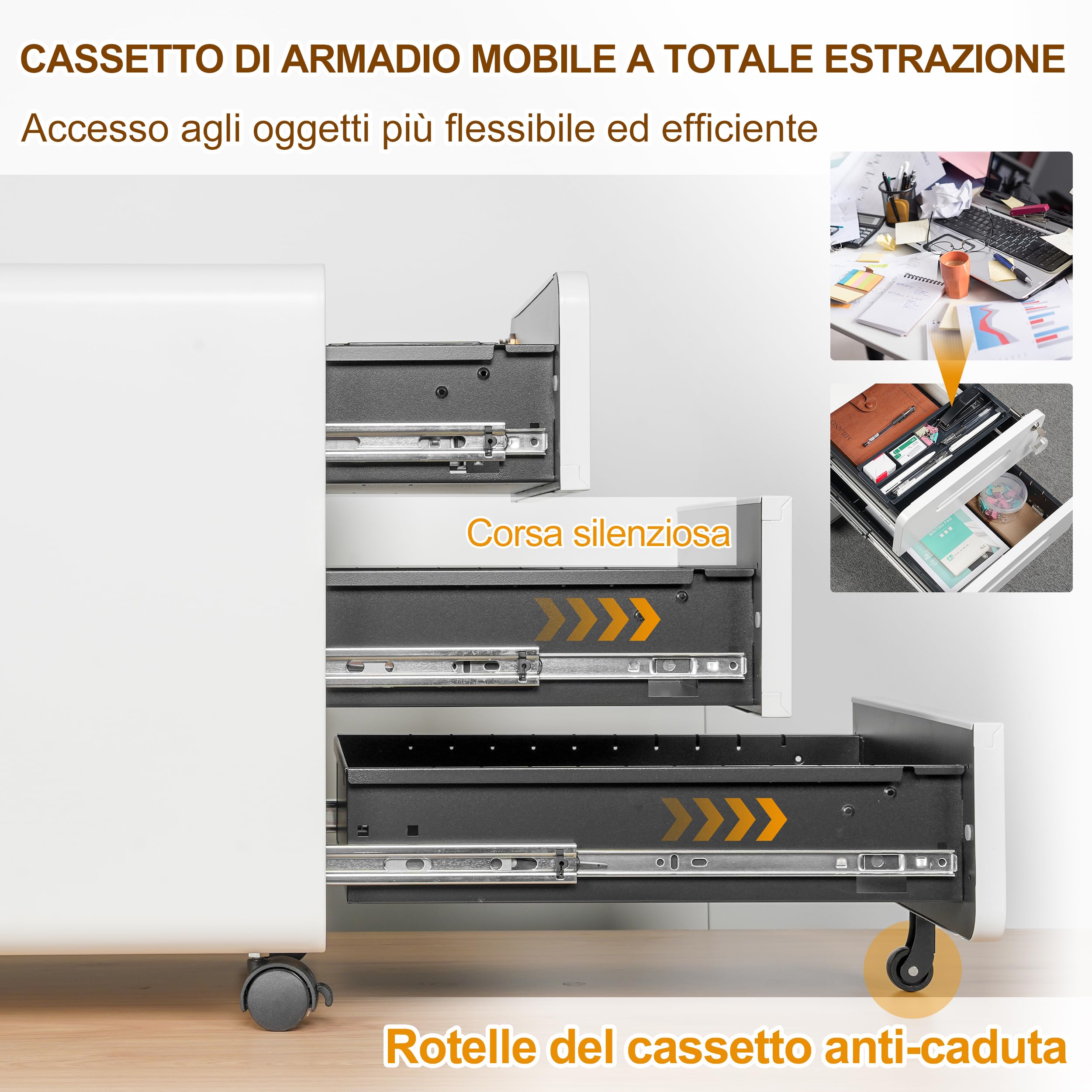 Cassettiera per Ufficio con 3 Cassetti, Design con Angoli Arrotondati, Schedario da Ufficio Bloccabile, Completamente Assemblata, Bianco