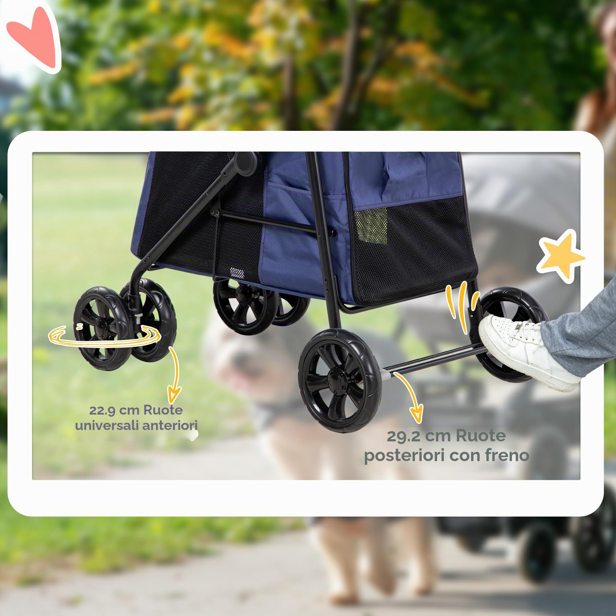 PawHut Passeggino 4 ruote per animali per razze medie blu scuro | Passeggino cane, porta scorrevole, cuscino, guinzagli di sicurezza