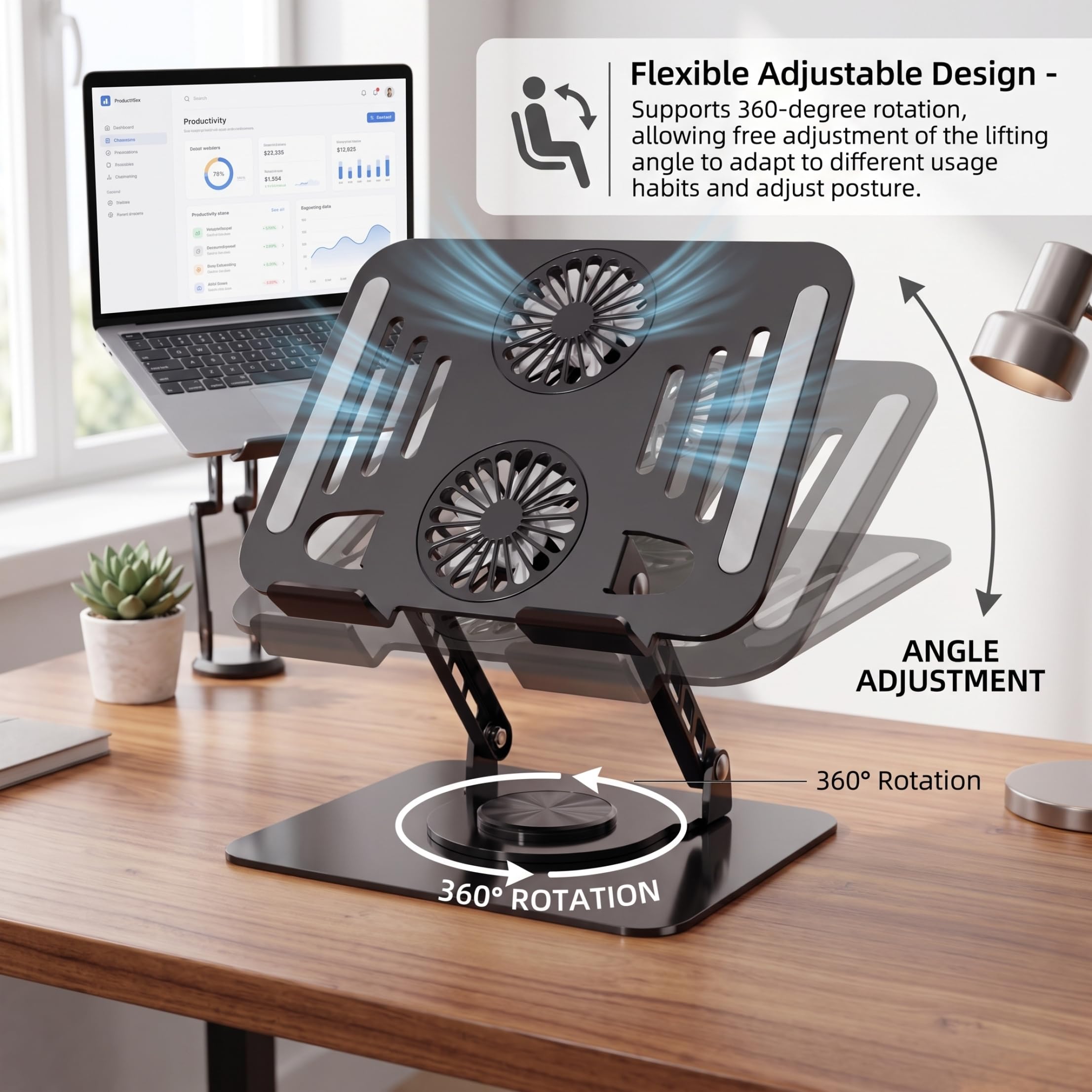 Supporto di raffreddamento per laptop con ventola, supporto di raffreddamento per laptop Dual Turbo – Riser in lega regolabile con rotazione a 360° per scrivania (nero)