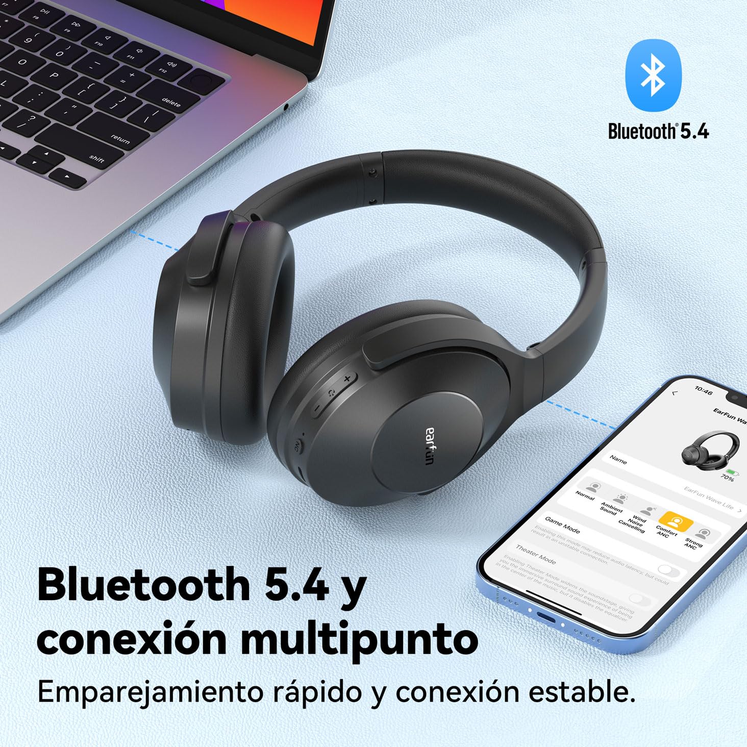 EarFun Wave Life Auriculares Inalambricos Diadema con Cancelación Híbrida de Ruido, Bluetooth 5.4, 4 Micrófonos con IA, Graves Profundos, 60 h de Reproducción, EQ Personalizable y Conexión Multipunto