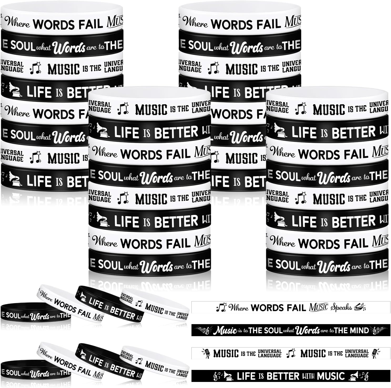 Landical 100 Pcs Music Silicone Bracelets Bulk Rubber Wristband,Black While | Inspirational Quote and Piano Notes; Music Gifts and Musical Event Party Favors for Teachers, Adults and Musicians, 4 Styles