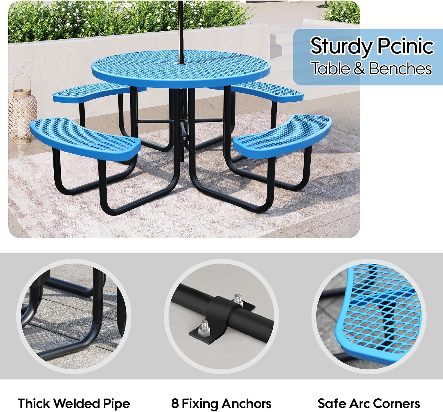 46 Inch Round Outdoor Metal Picnic Table, All-Weather Patio Dining Set for 6-8 Adults, Heavy Duty Steel with Central Umbrella Hole, Perfect for Garden, Backyard, Deck & Small Spaces - Easy Assembly