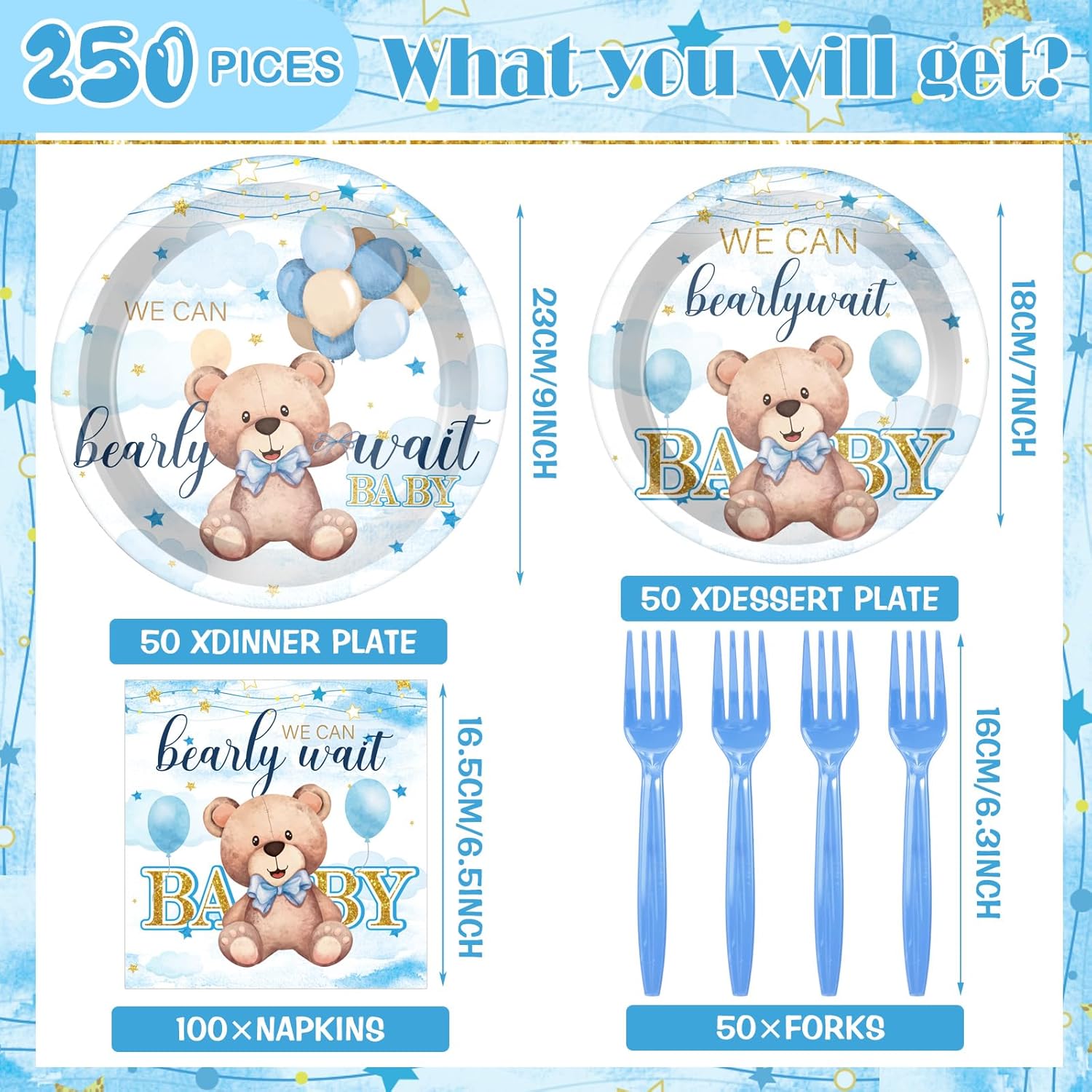 Havawish 250 Pcs Blue Bear Baby Shower Plates and Napkins Decoration We Can Bearly Wait Party Supplies Tableware Set Severs 50 Disposable Plates for Baby Boy Gender Reveal Party Supplies