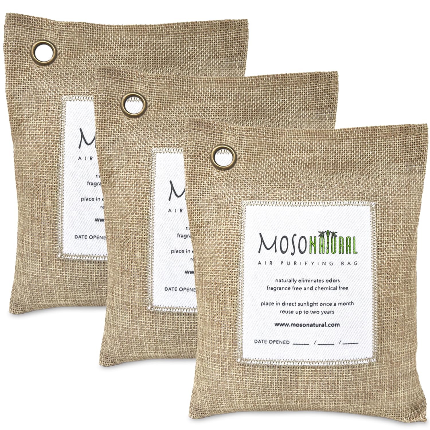 Moso Natural Air Purifying Bag 200g (3 Pack). A Scent Free Odor Eliminator for Cars, Closets, Bathrooms, Pet Areas. Premium Moso Bamboo Charcoal Odor Absorber. Two Year Lifespan! (Beige, Pack of 3)