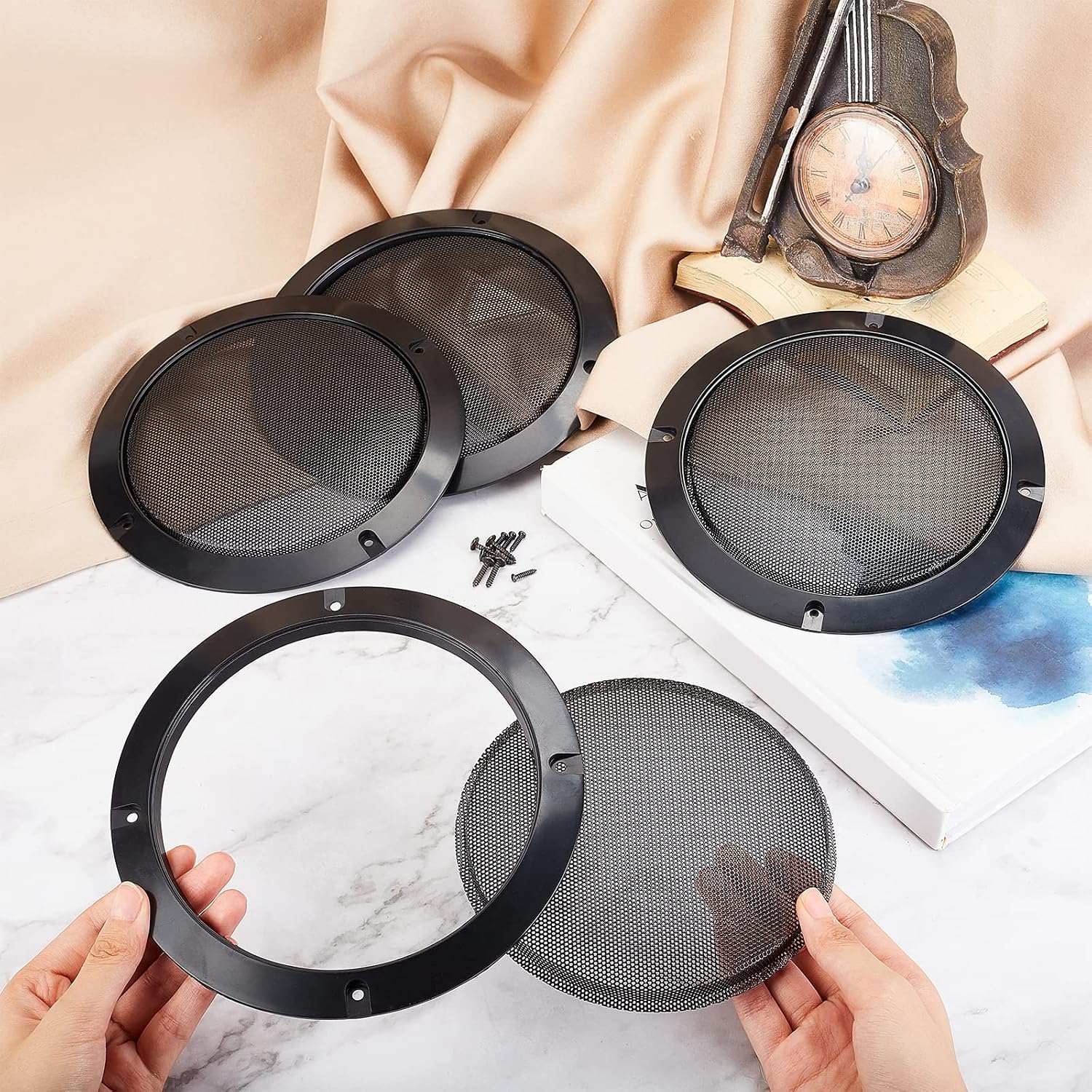 OLYCRAFT 6.5 Inch Metal Mesh Round Speaker Grill Cover with Screws | 4 Set Black Audio Speaker Mesh Cover, Mesh Flat Round Speakers Grill For Speakers Cabinet, Home Car Speaker, Electrophoresis