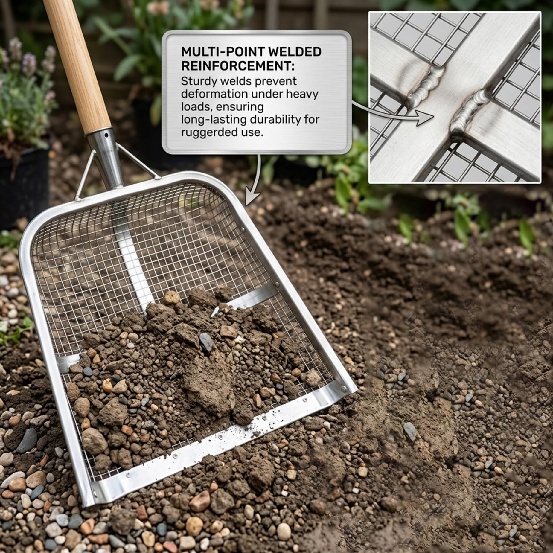 Pala setacciatrice, rete da 8 mm, Pala setacciatrice per Sabbia Resistente e rinforzata con telaio saldato per giardinaggio, setacciatura del Terreno e filtraggio dei cereali, 47 x 36 cm.