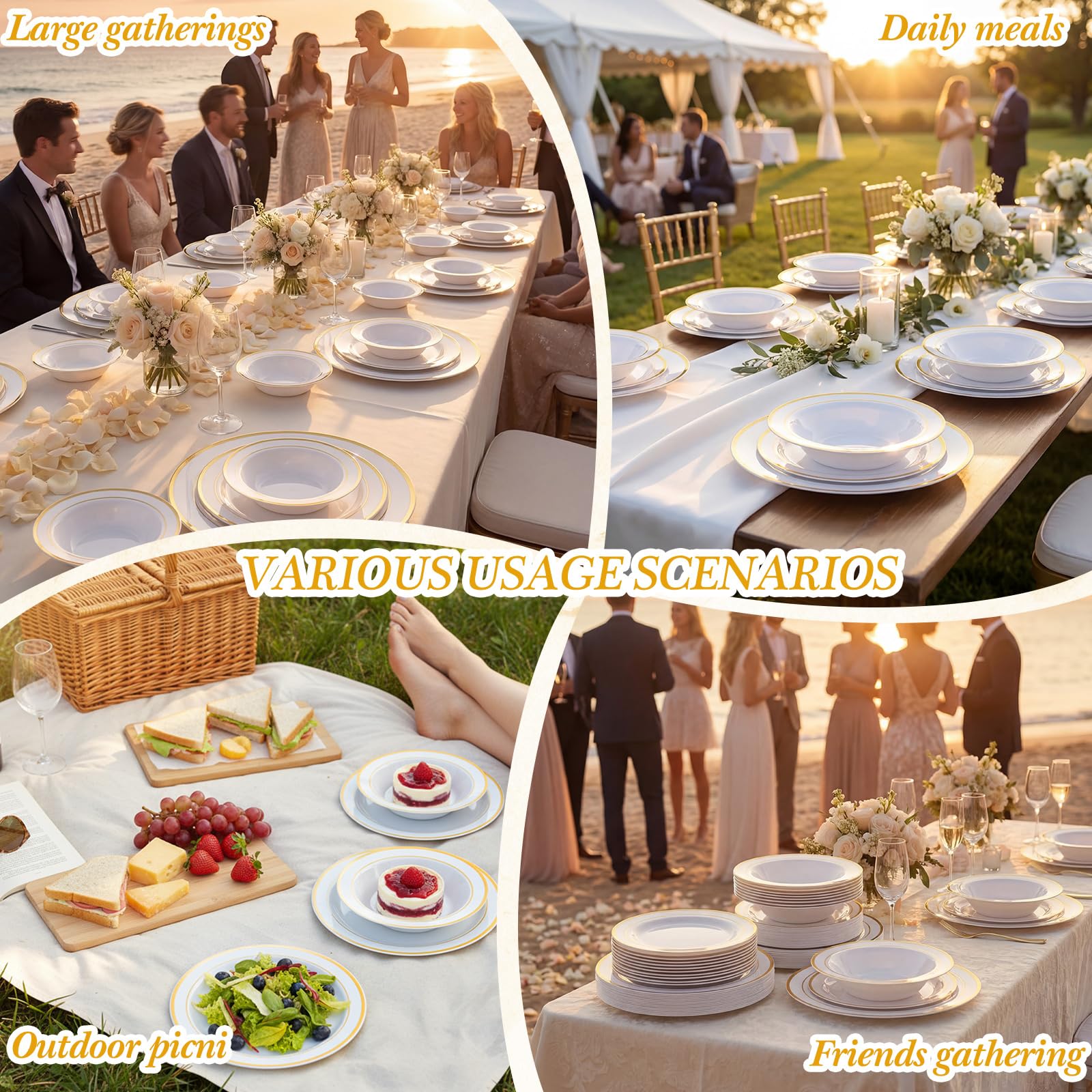 Havawish 150 Piece White & Gold Plates & Bowls -8