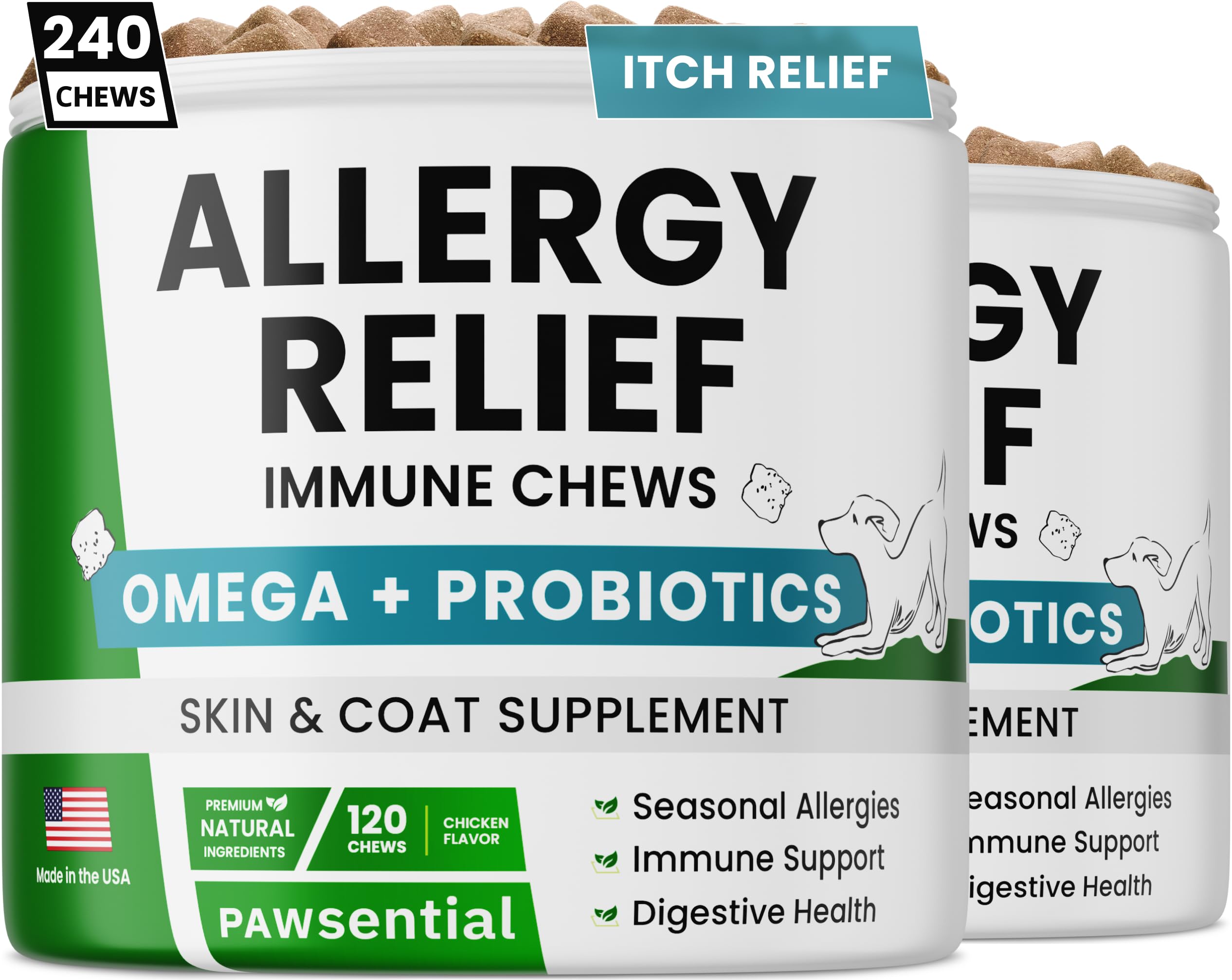 Allergy Relief Dog Chews (240 Immune Treats) - Omega 3 + Colostrum + Probiotics - Itchy Skin Relief - Seasonal Allergies - Anti-Itch & Hot Spots - Immune Supplement - Made in USA