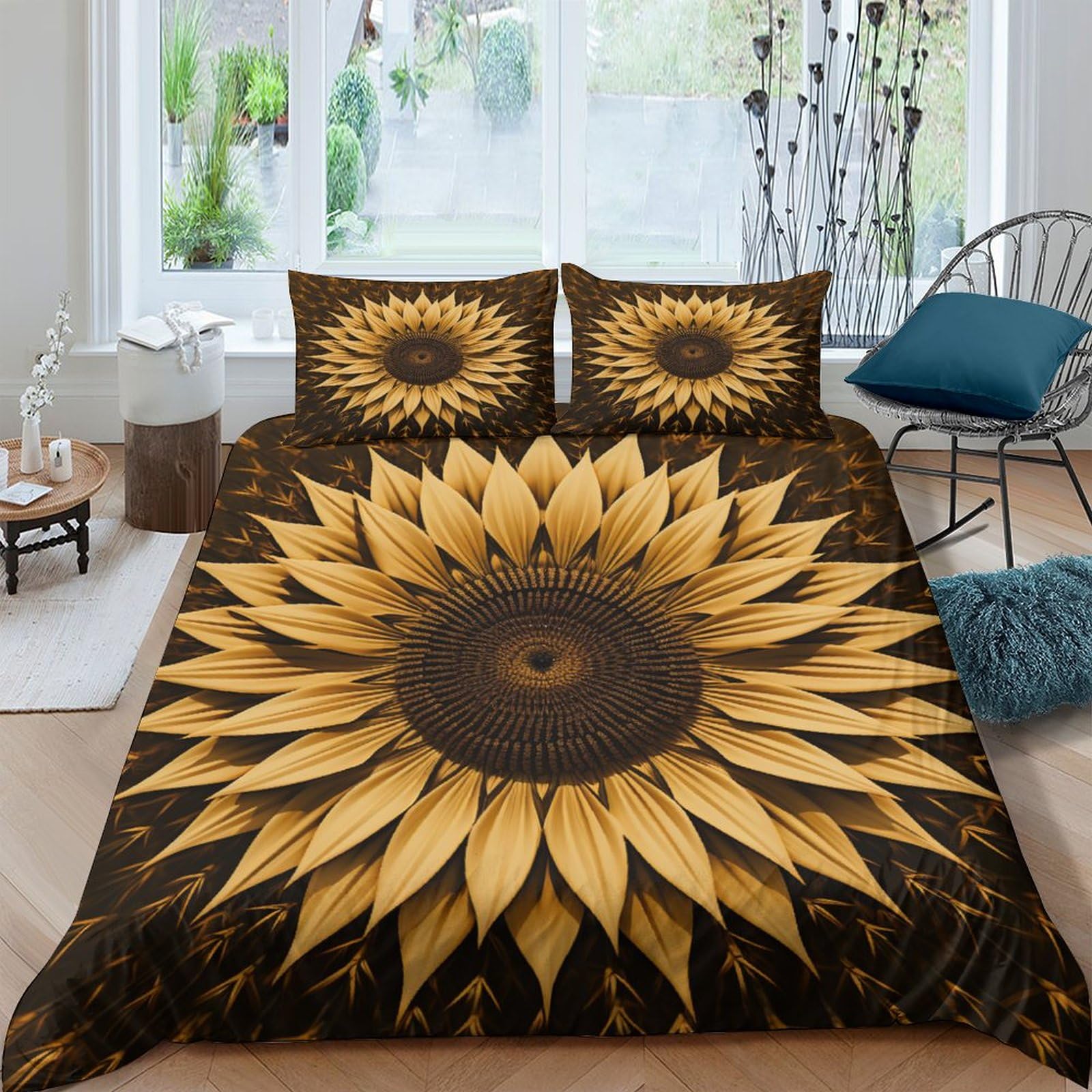 Housse de couette tournesol 200x200cm en microfibre avec 1 taie d'oreiller