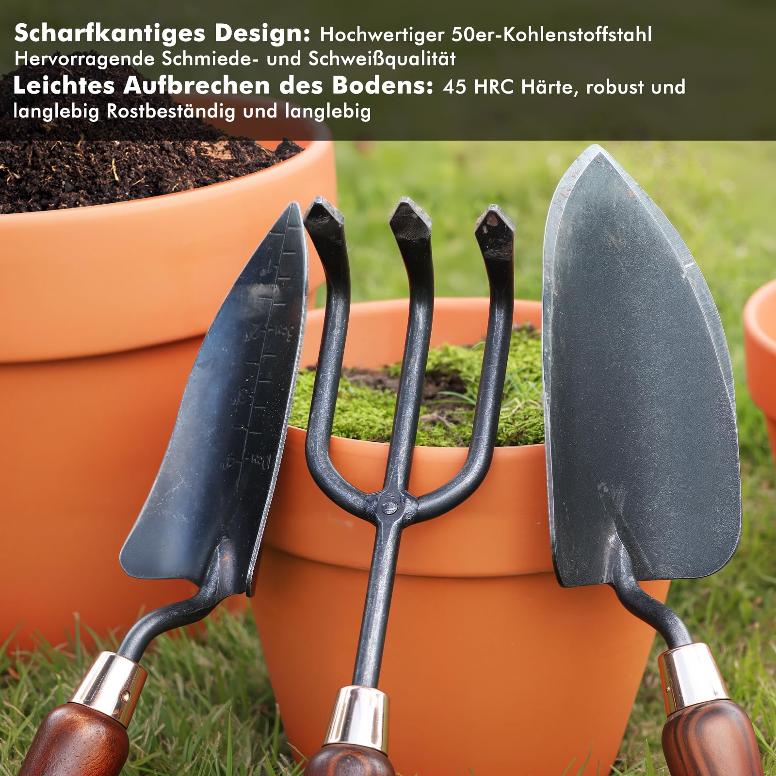 RESTMO 3-teiliges Gartengeräte-Set, Gartenwerkzeuge aus Kohlenstoffstahl mit Holzgriff, inklusive Gartenschaufel, Pflanzkelle und Gartenkralle, Geschenk für Gartenliebhaber