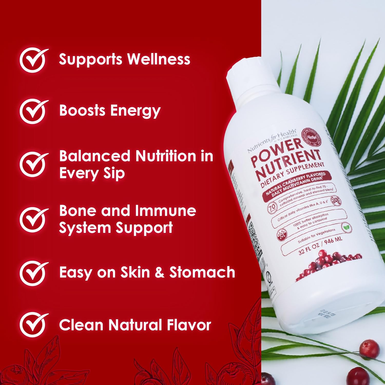 Rawleigh Power Nutrient: Cranberry Flavor, Daily Multivitamin Liquid Supplement for Men, Women with VIT. A - zinc, B 1-6 & 70 Colloidal Trace Minerals, Vegetarian-Friendly GMO & Gluten Free 32 fl oz - Image 3