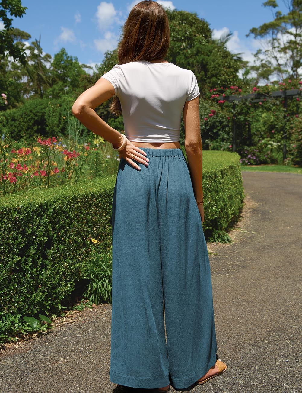 TARSE Women Linen Wide Leg Pants Palazzo High Waisted Boho Loose Casual Lounge Pant Beach Travel Vacation Outfits - Image 5