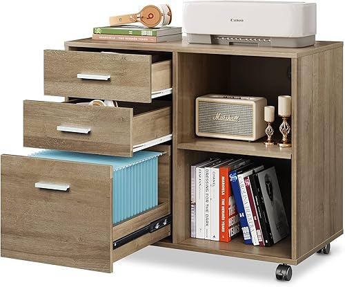 DEVAISE Archivador de madera de 3 cajones, archivador lateral móvil, soporte de impresora con estantes de almacenamiento abiertos para oficina en