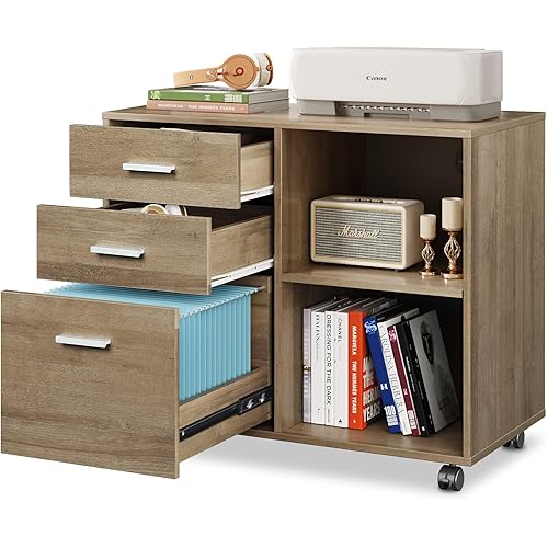 DEVAISE 3-Drawer Wood File Cabinet, Mobile Lateral Filing Cabinet, Printer Stand with Open Storage Shelves for Home Office, Gray Oak