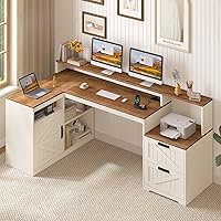 CreateaBetterLife Farmhouse L-Shaped Desk 62" with Drawers, Storage Shelves, Power Outlet, Monitor Stand - Brown White Home Office
