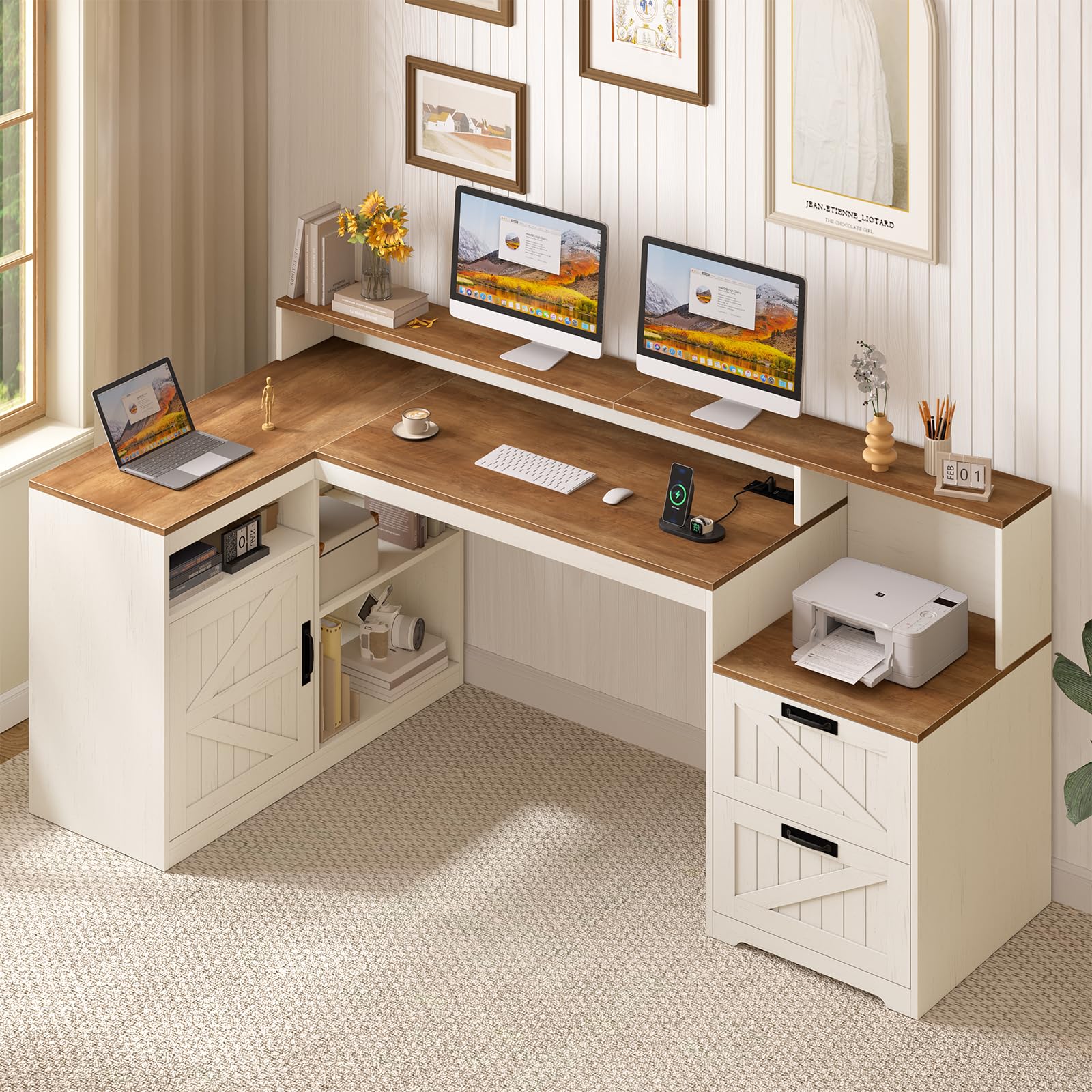 Farmhouse L Shaped Desk with Drawers, 62.2" Home Office Desk with Storage Shelves and Power Outlet, L Shaped Computer Desk with Monitor Stand and Printer Shelf, Brown and White