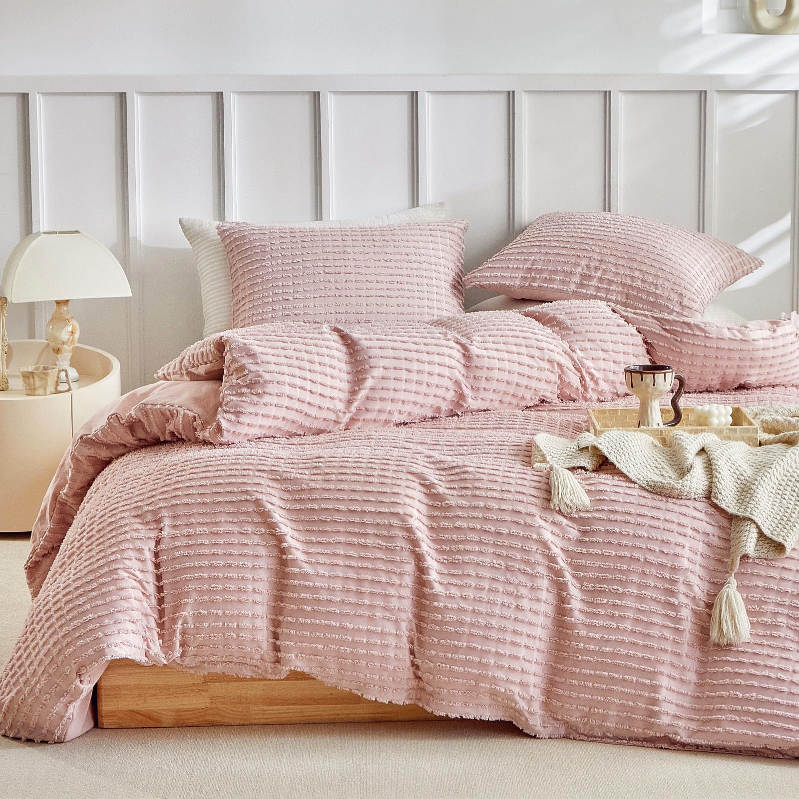 WARMDERN Boho Duvet Cover Set Queen Size, Pink Striped Duvet Cover Microfiber Bedding Set, 3PCS Ultra Soft Breathable Lightweight Tuft Texture Duvet Covers with Zipper Closure(Pink, Queen)-image-35