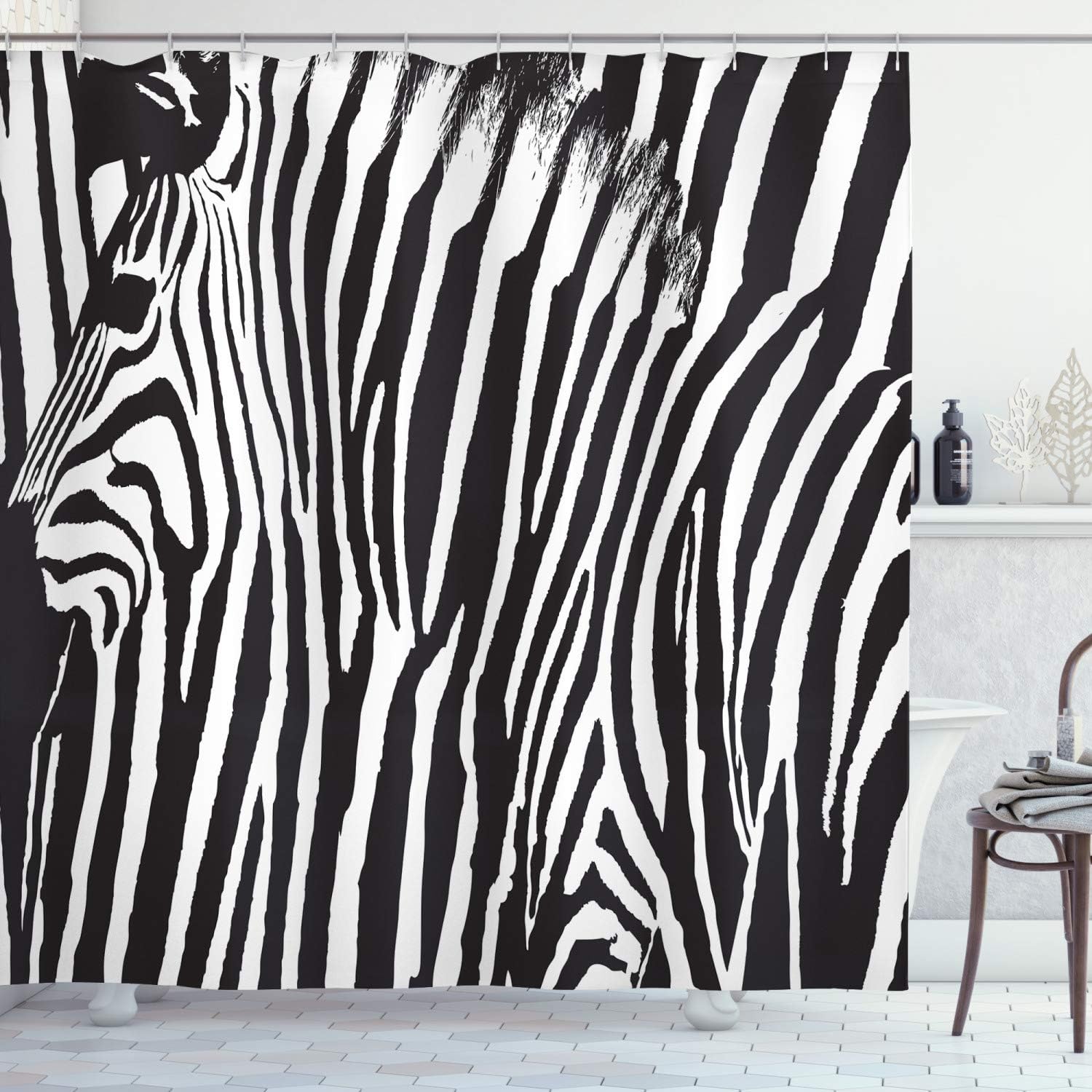 Ambesonne Zebra Print Shower Curtain, Wild Donkey Design Animal Profile Blended Over Itself Abstract Pattern, Cloth Fabric Bathroom Decor Set with Hooks, 69" W x 70" L, Black and White