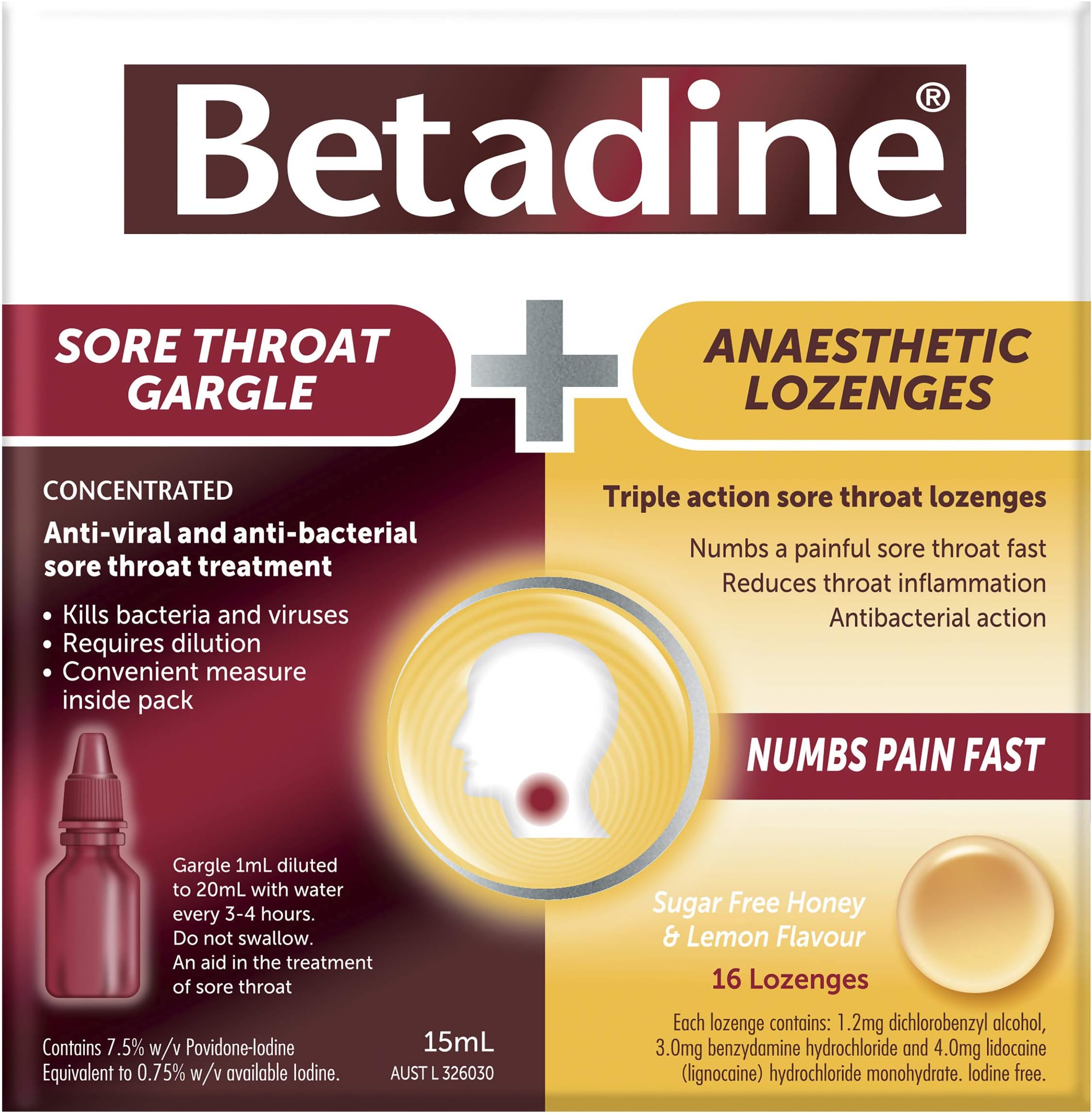 Betadine Sore Throat Gargle 15ml + Anaesthetic Lozenges 16 Pack Kit