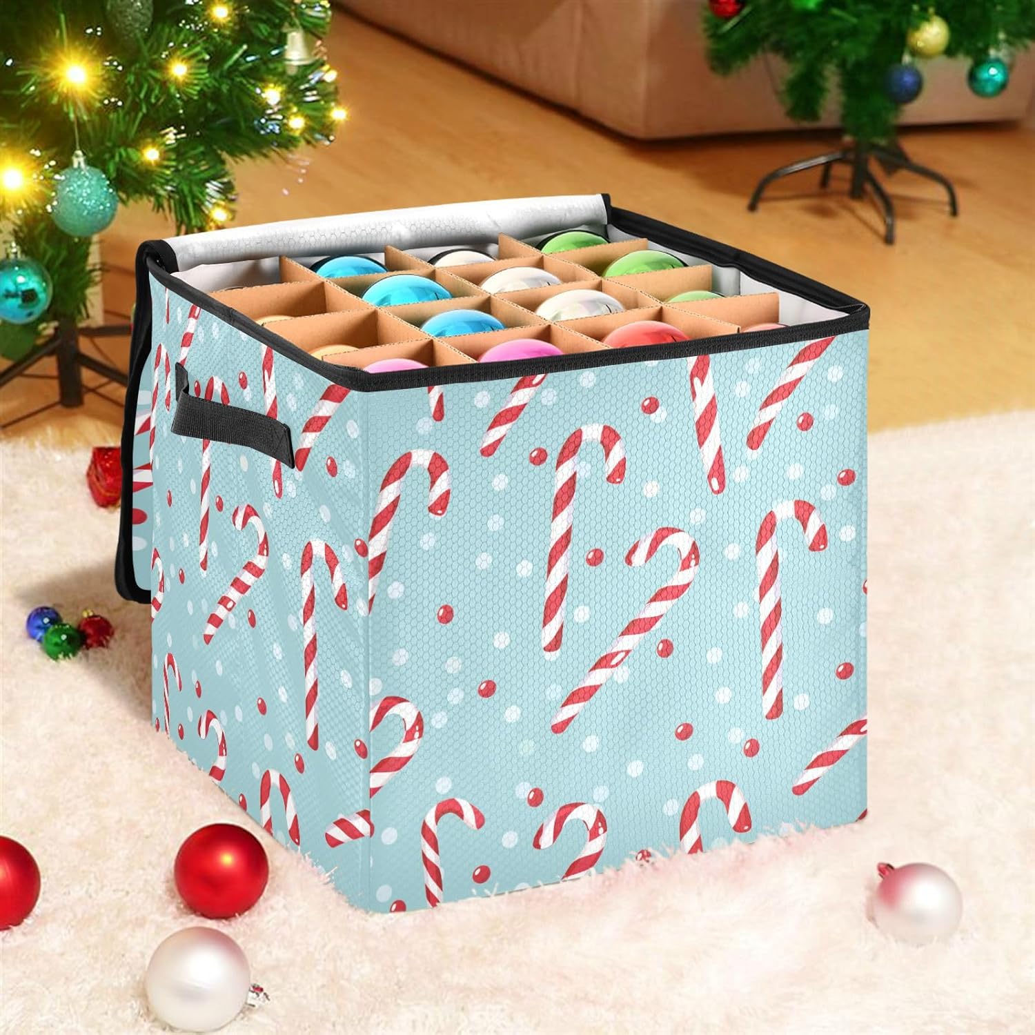 High Capacity Christmas ornament organizer storage Holds Up to 64, Adjustable Dividers, Zippered Top, Two Handles stackable Holiday Storage Case with Lid,Christmas Candy