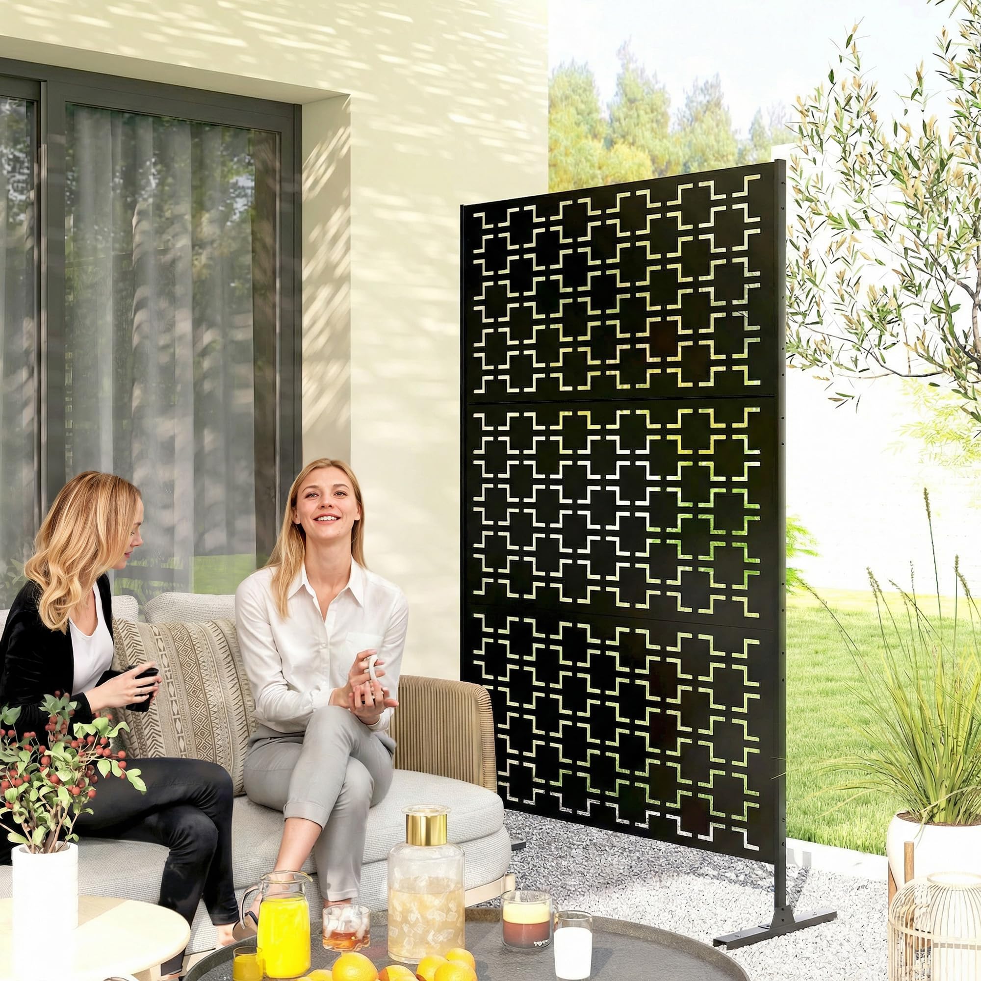 Outsunny Panneau Brise Vue décoratif paravent extérieur à Motif ajouré géométrique en métal - 122 x 45 x 198 cm, Noir